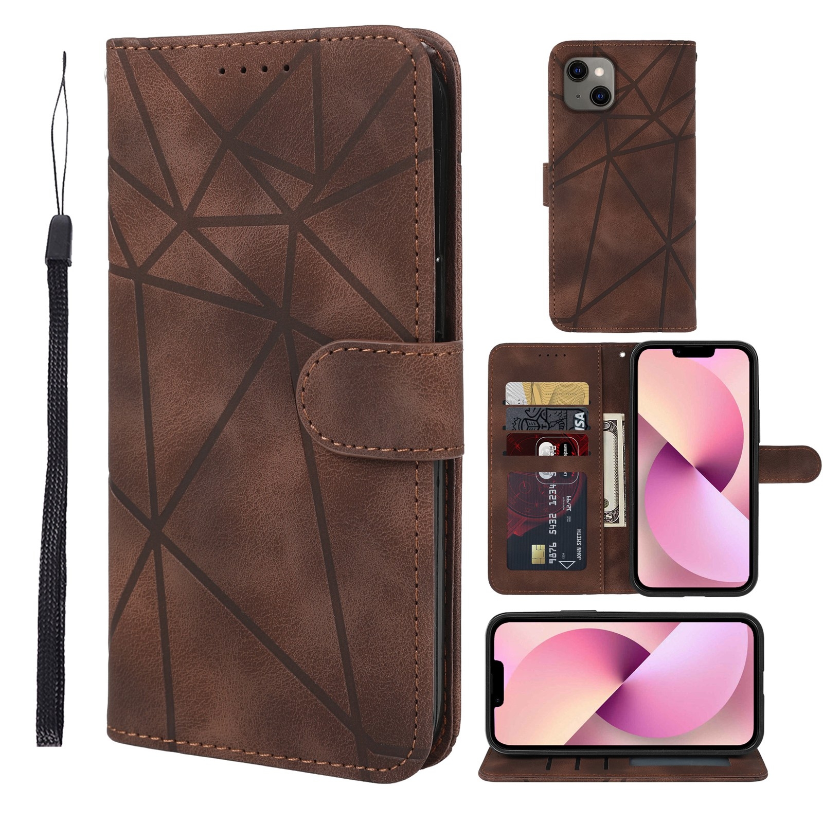 For iPhone 13 mini Skin Feel Geometric Lines Leather Phone Case(Brown) - Shopkiz.com