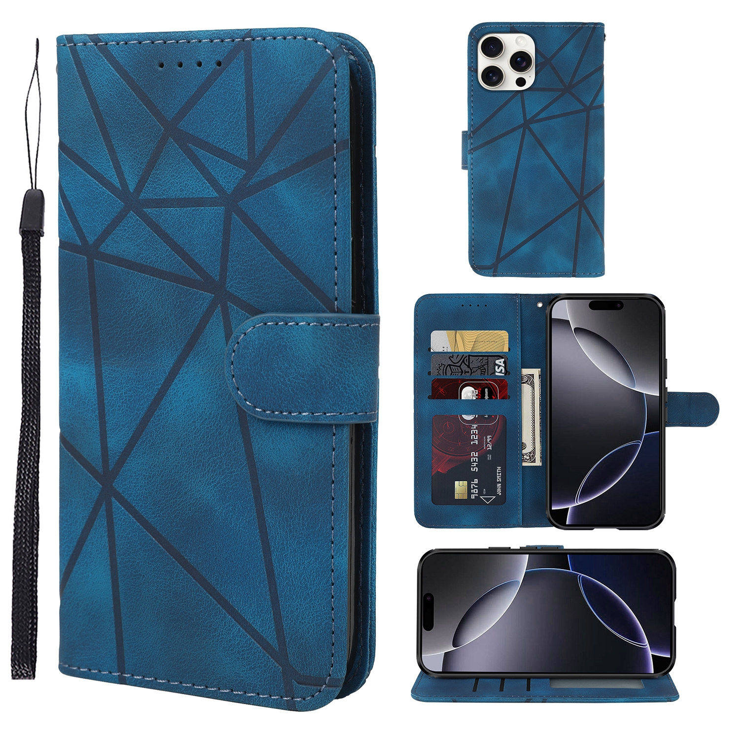 For iPhone 16 Pro Max Skin Feel Geometric Lines Leather Phone Case(Blue) - Shopkiz.com