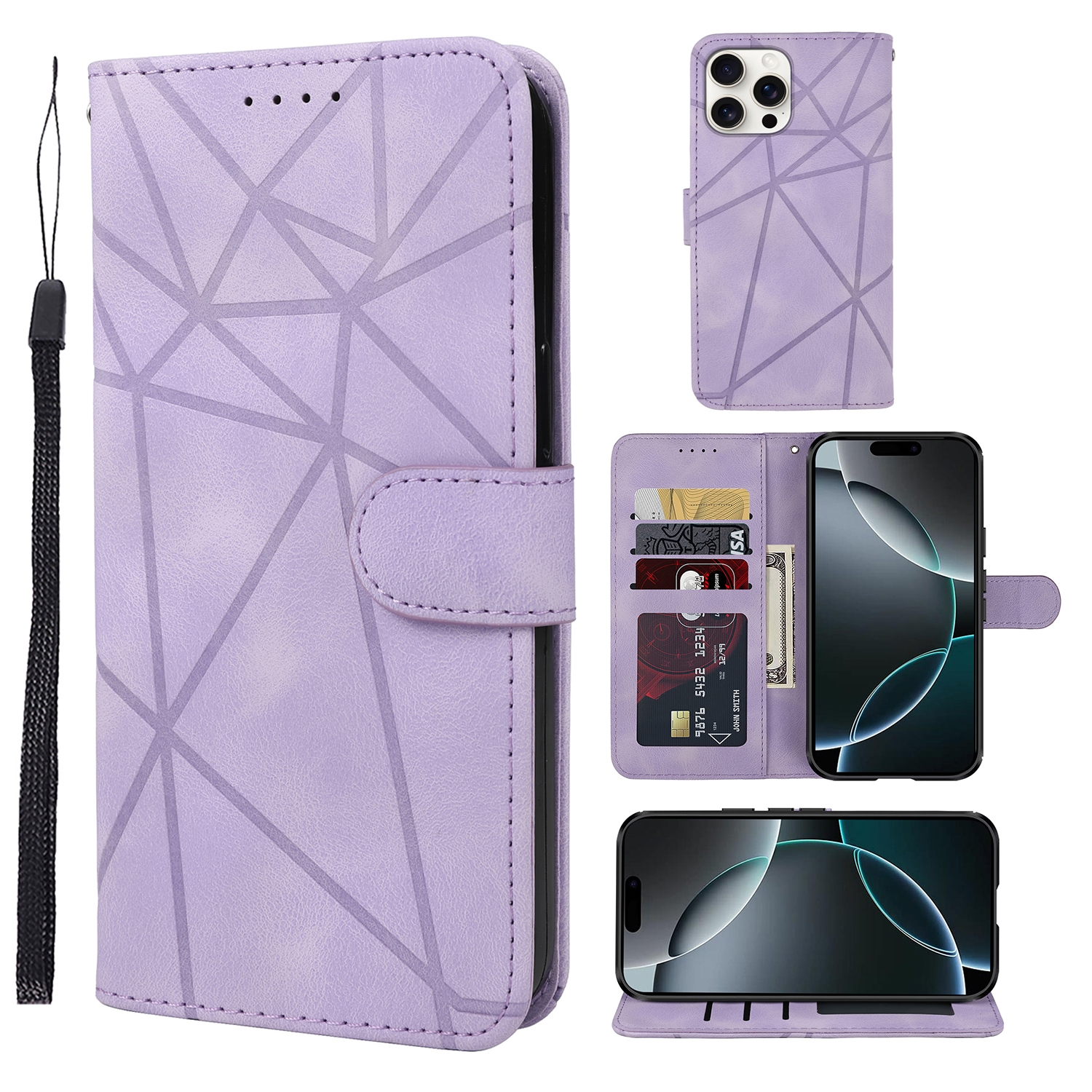 For iPhone 16 Pro Skin Feel Geometric Lines Leather Phone Case(Purple) - Shopkiz.com