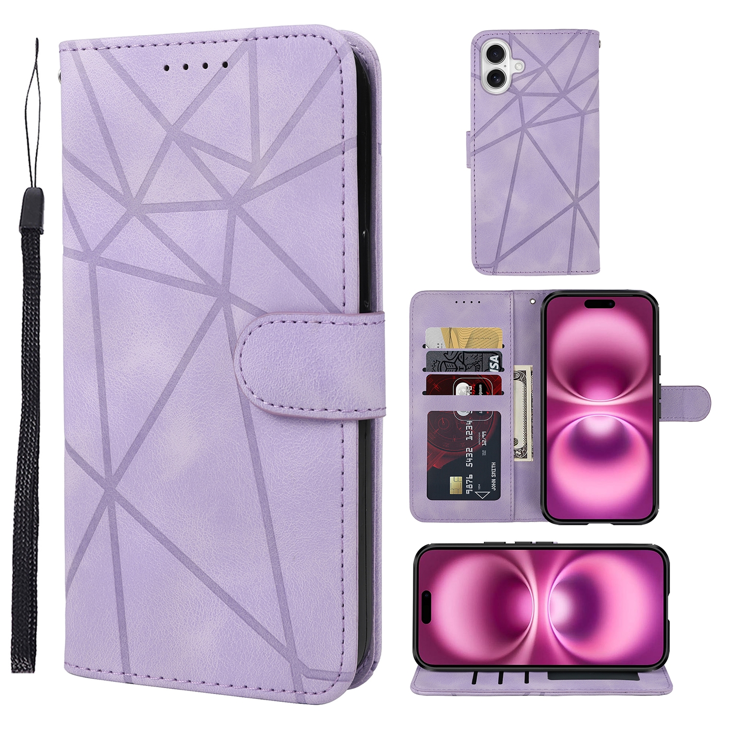 For iPhone 16 Plus Skin Feel Geometric Lines Leather Phone Case(Purple) - Shopkiz.com