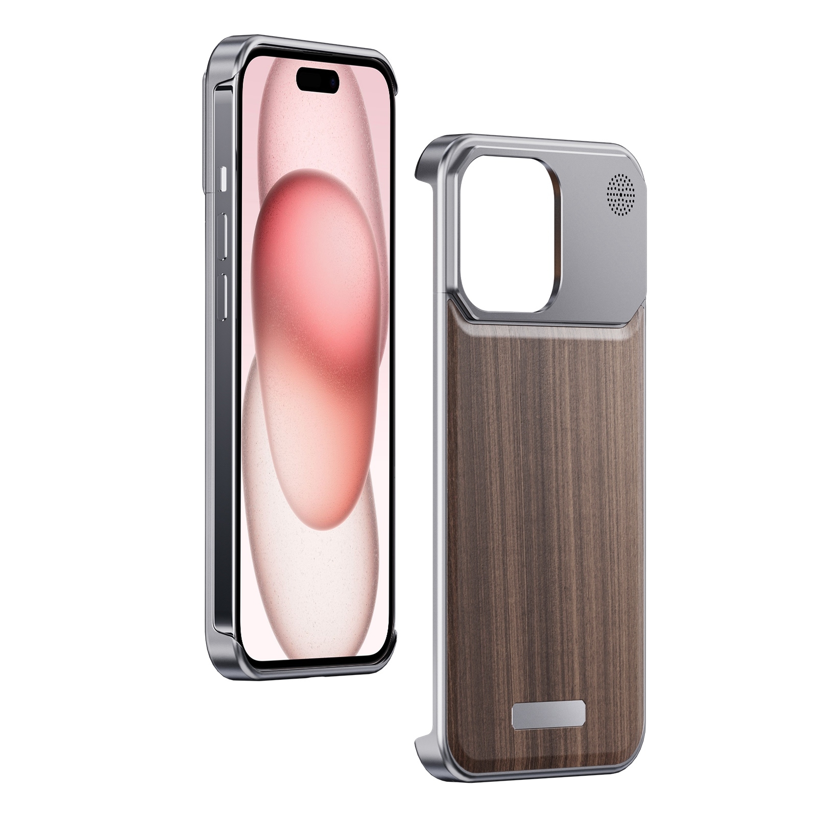 For iPhone 15 Aluminum Alloy Aromatherapy Wood Grain Phone Case(Grey) - Shopkiz.com