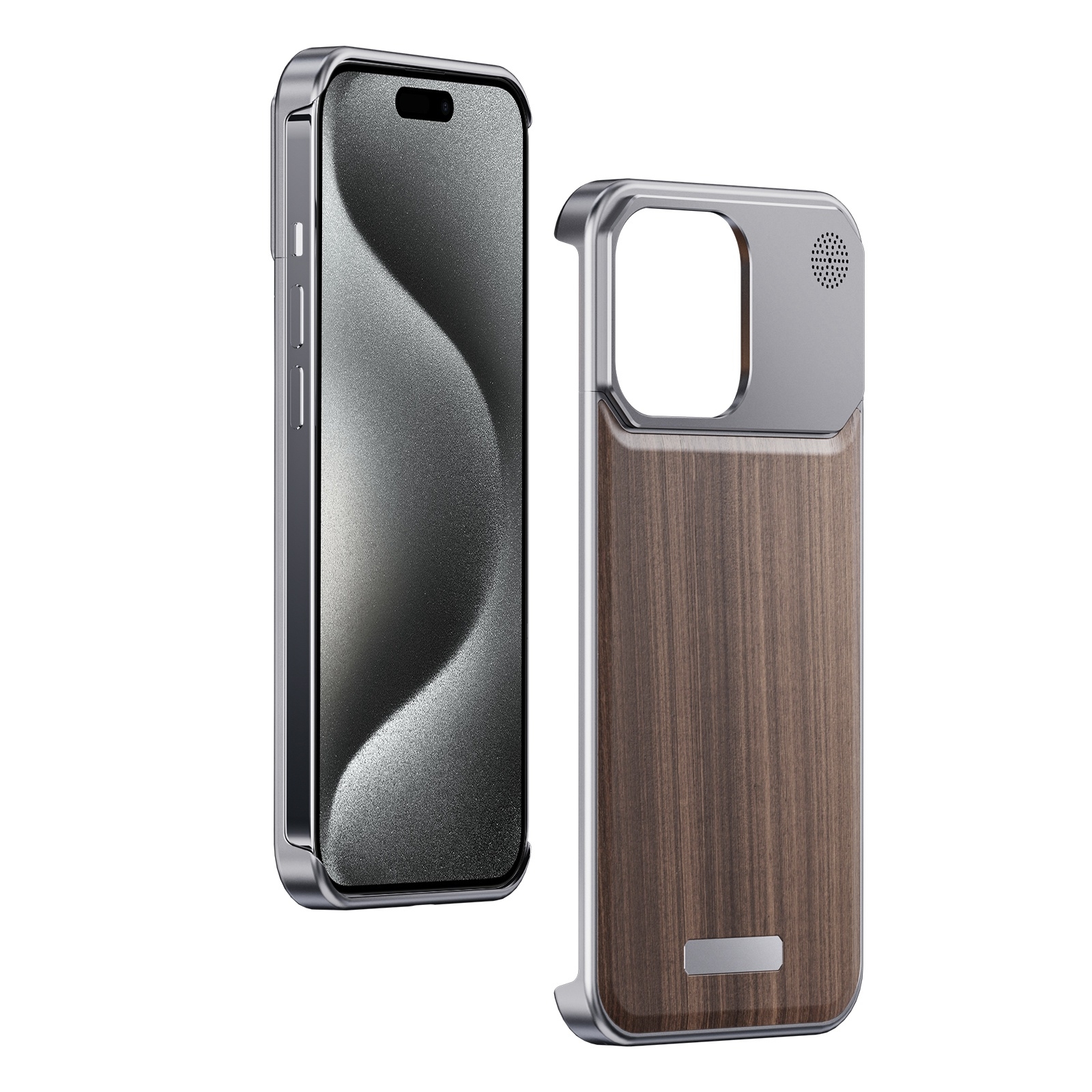 For iPhone 15 Pro Max Aluminum Alloy Aromatherapy Wood Grain Phone Case(Grey) - Shopkiz.com