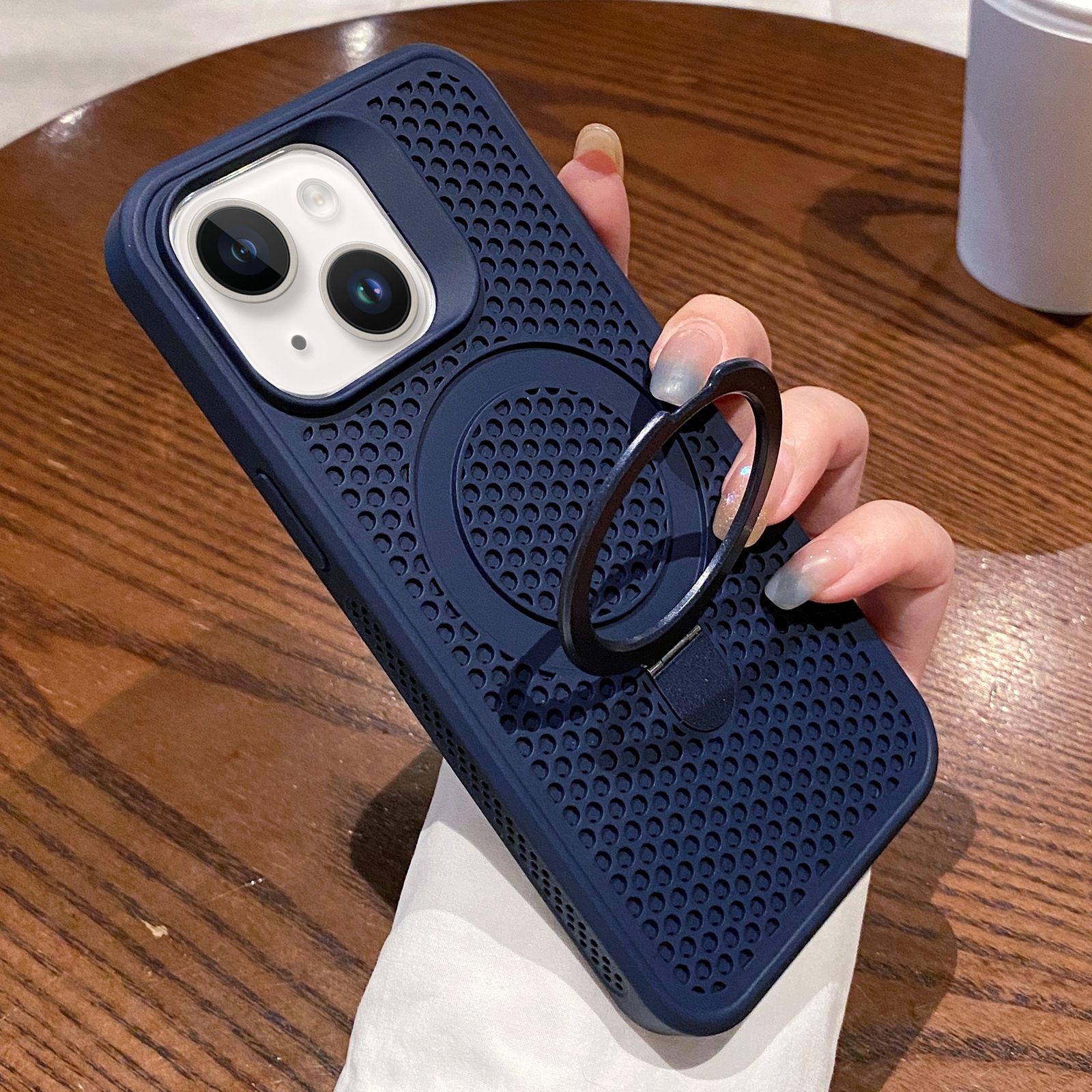 For iPhone 15 Hollow Cooling Magsafe Phone Case with Holder(Blue) - Shopkiz.com