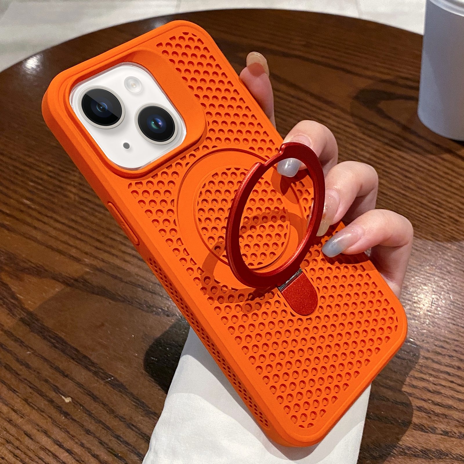 For iPhone 14 Hollow Cooling Magsafe Phone Case with Holder(Orange) - Shopkiz.com