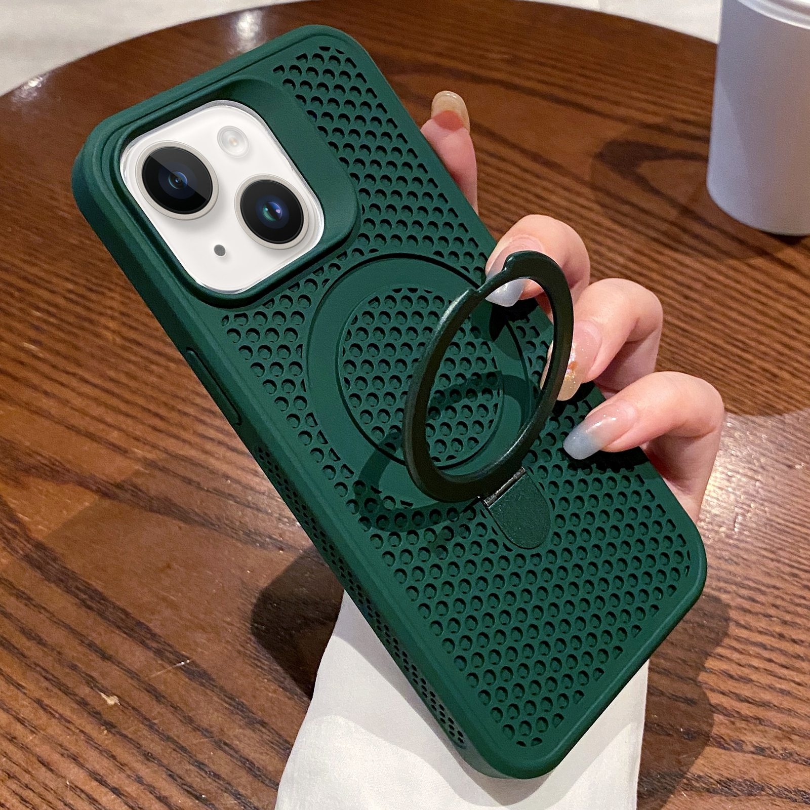 For iPhone 14 Hollow Cooling Magsafe Phone Case with Holder(Green) - Shopkiz.com