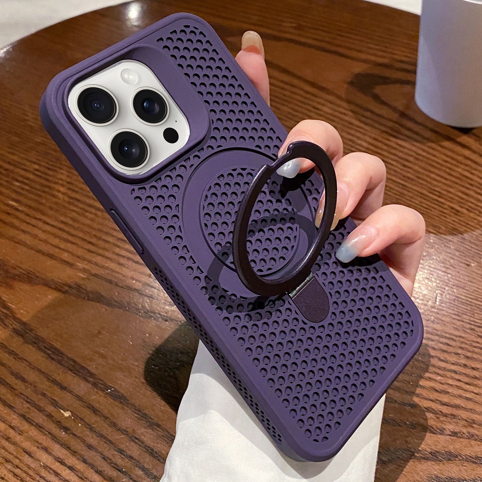 For iPhone 14 Pro Hollow Cooling Magsafe Phone Case with Holder(Purple) - Shopkiz.com
