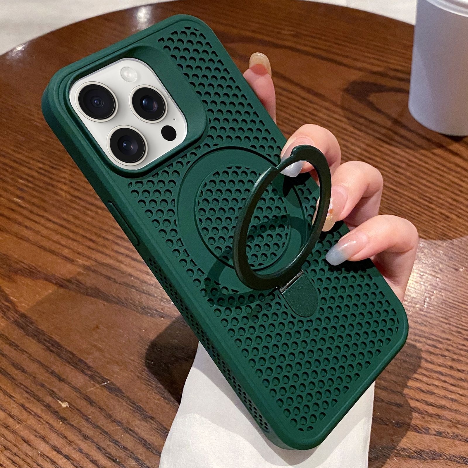 For iPhone 14 Pro Hollow Cooling Magsafe Phone Case with Holder(Green) - Shopkiz.com