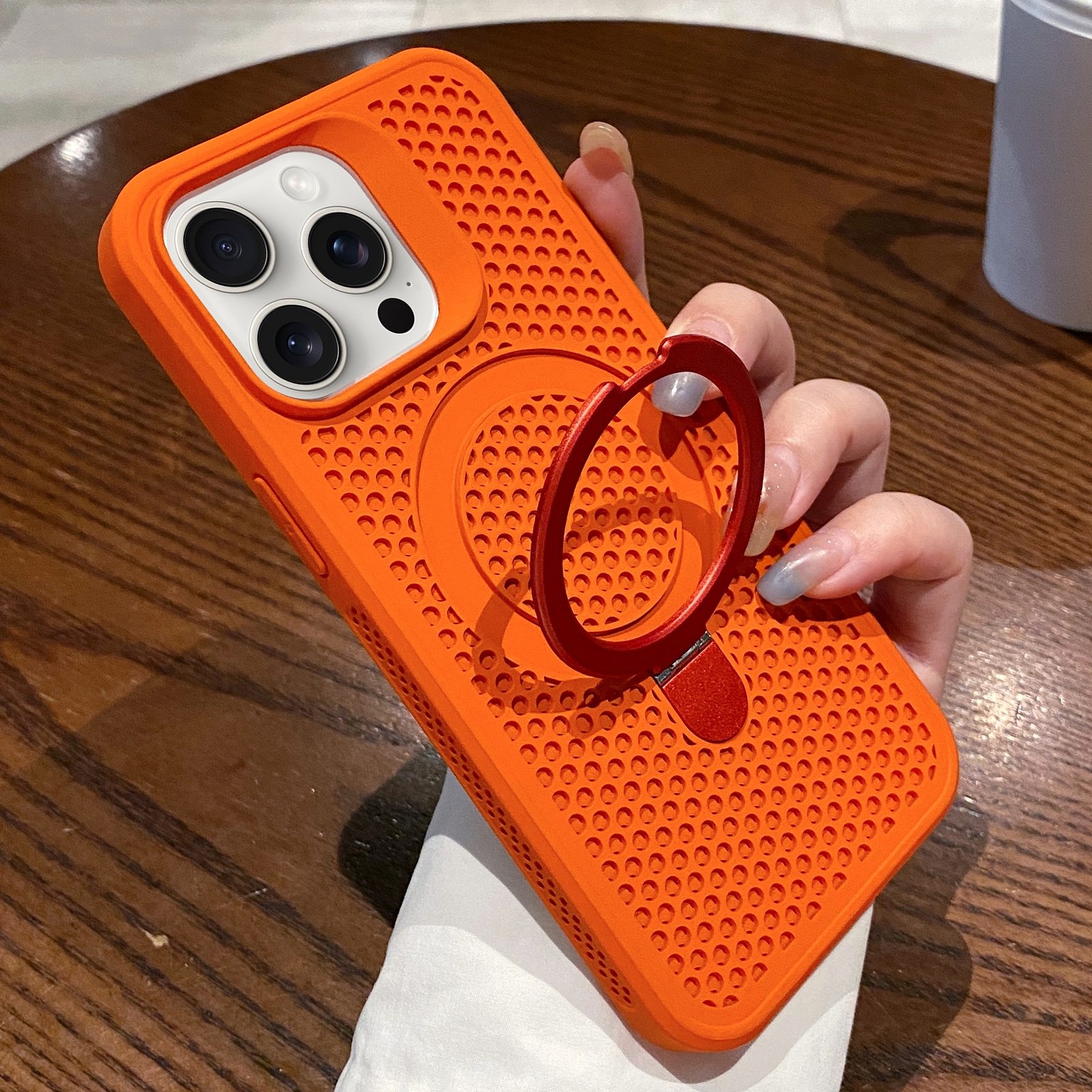 For iPhone 14 Pro Max Hollow Cooling Magsafe Phone Case with Holder(Orange) - Shopkiz.com