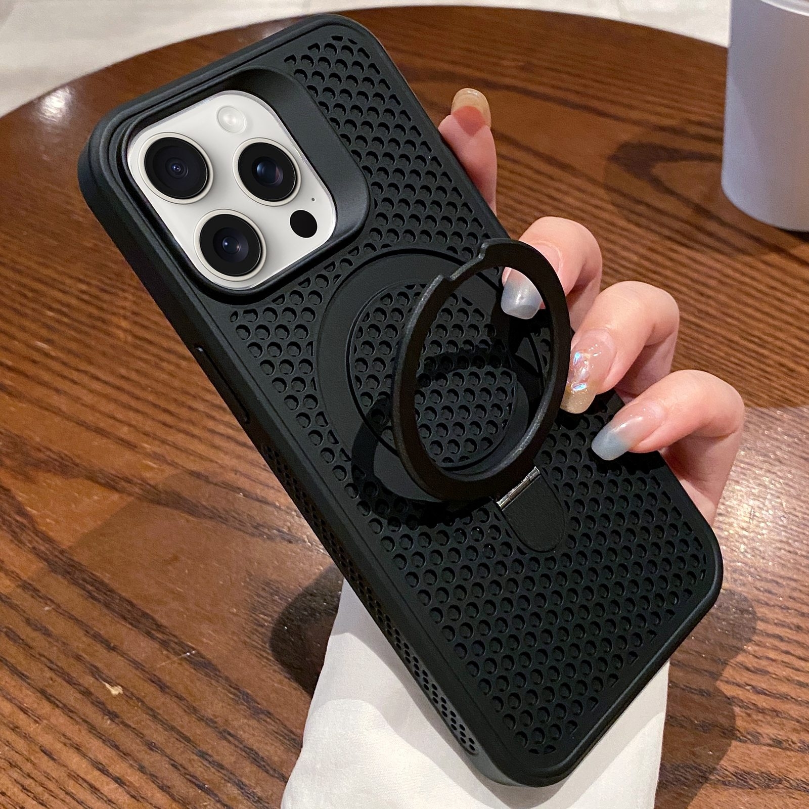 For iPhone 13 Pro Max Hollow Cooling Magsafe Phone Case with Holder(Black) - Shopkiz.com