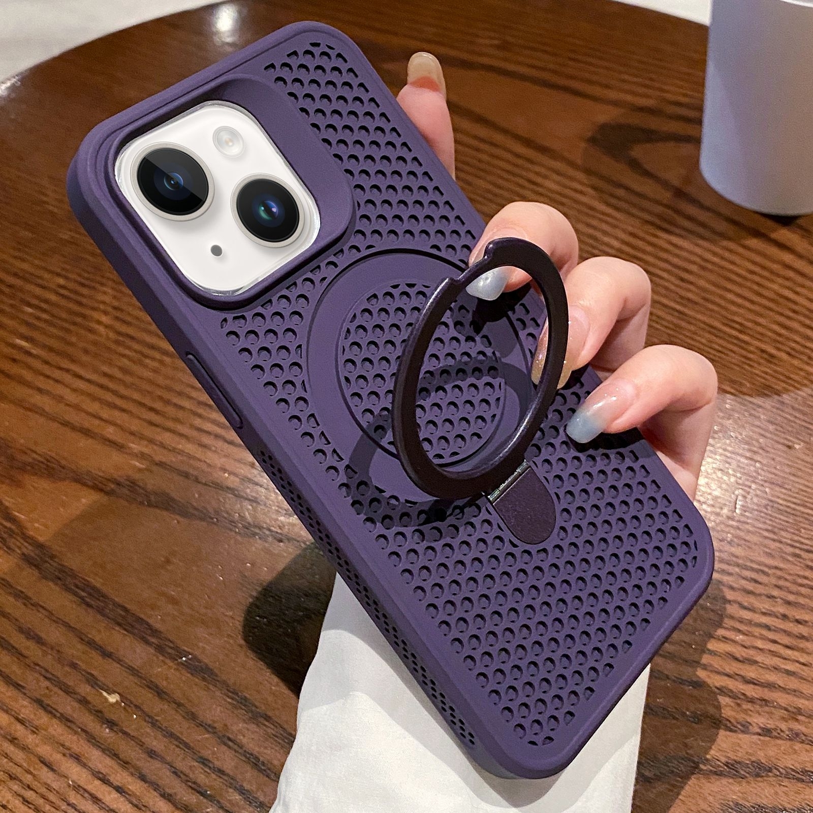 For iPhone 13 Hollow Cooling Magsafe Phone Case with Holder(Purple) - Shopkiz.com