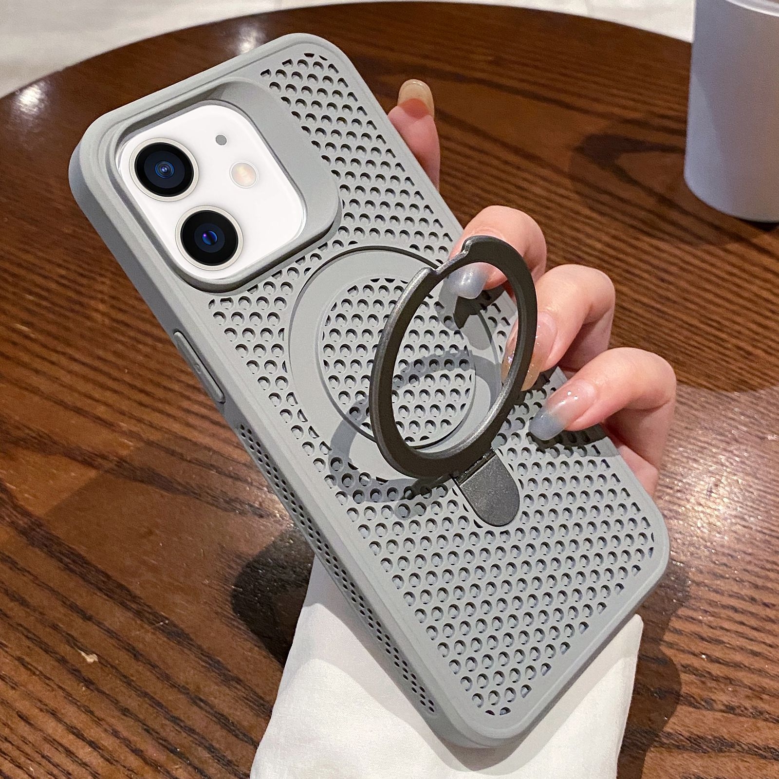 For iPhone 12 Hollow Cooling Magsafe Phone Case with Holder(Grey) - Shopkiz.com