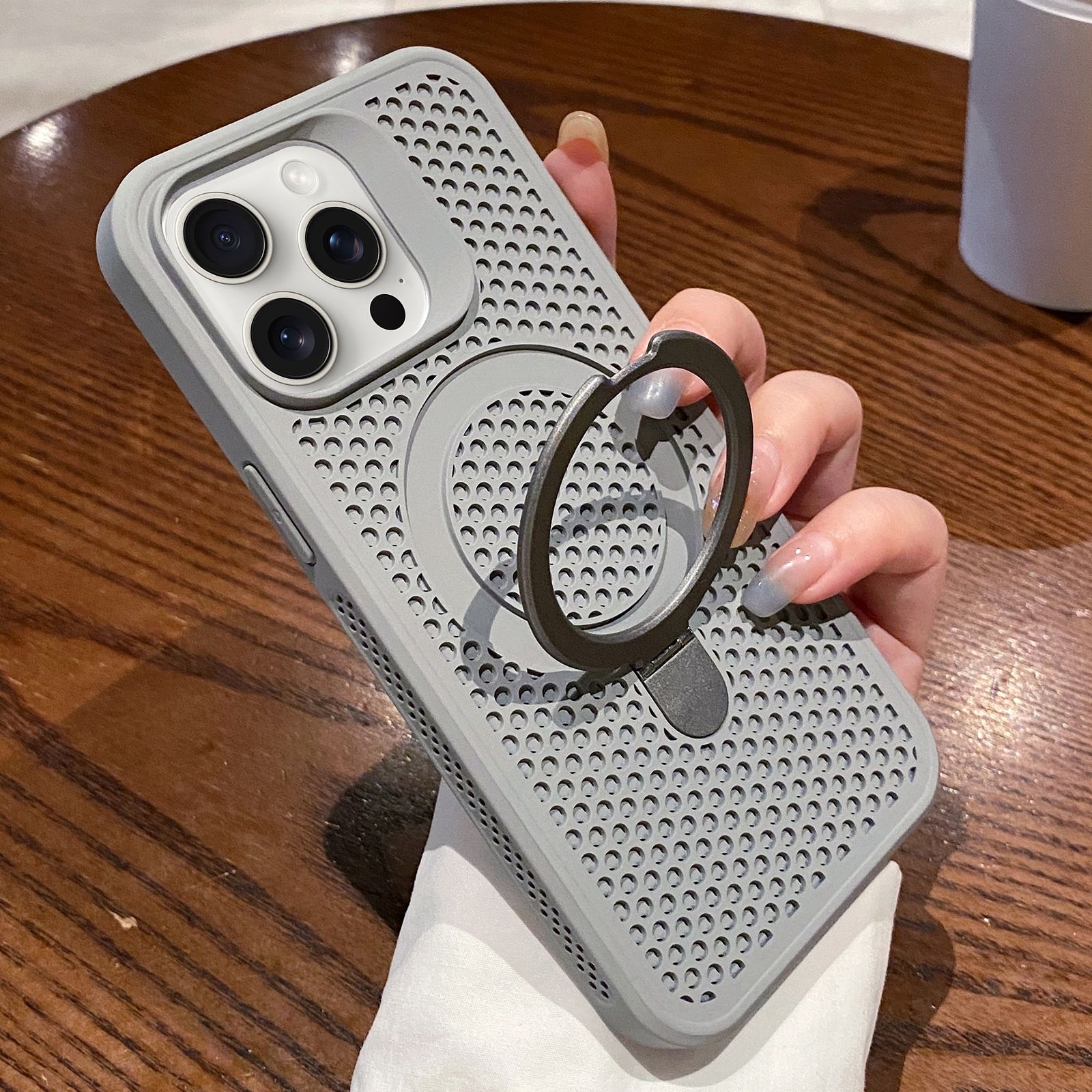 For iPhone 12 Pro Hollow Cooling Magsafe Phone Case with Holder(Grey) - Shopkiz.com