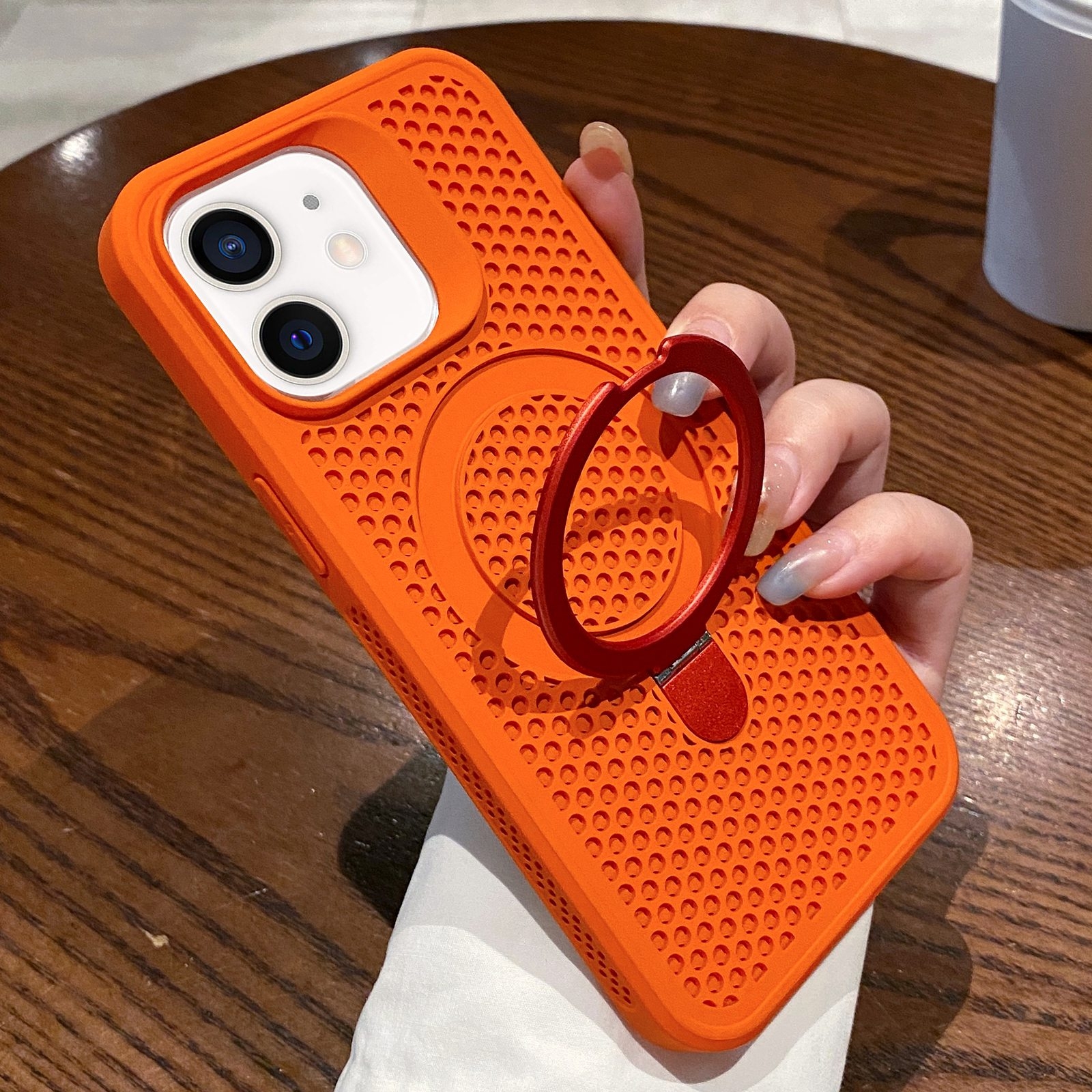 For iPhone 11 Hollow Cooling Magsafe Phone Case with Holder(Orange) - Shopkiz.com