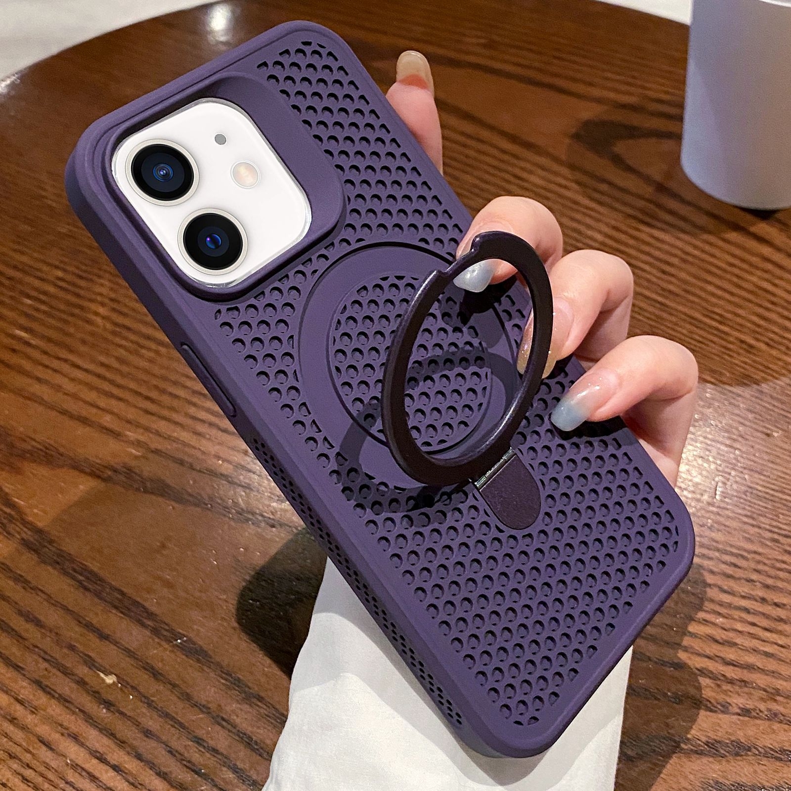For iPhone 11 Hollow Cooling Magsafe Phone Case with Holder(Purple) - Shopkiz.com
