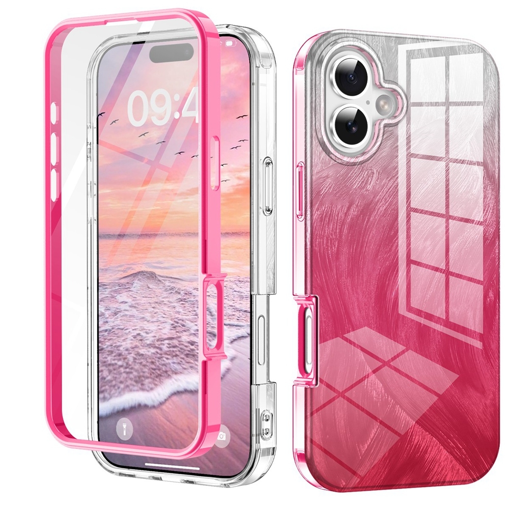 For iPhone 16 IMD Gradient Feather PC Hybrid TPU Phone Case(Rose Red) - Shopkiz.com