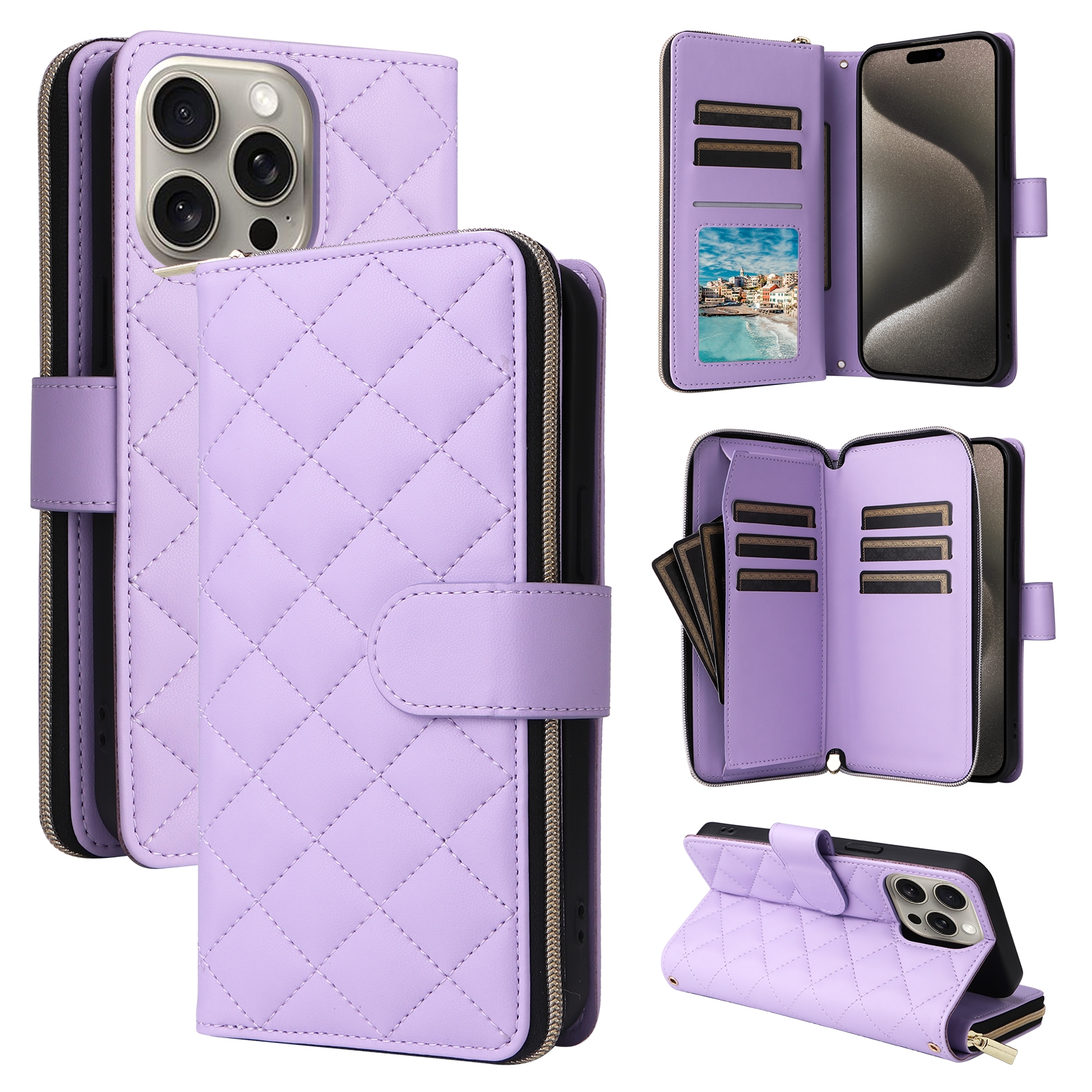 For iPhone 15 Pro Max Crossbody Rhombic Zipper Tower Buckle Leather Phone Case with Lanyard(Purple) - Shopkiz.com