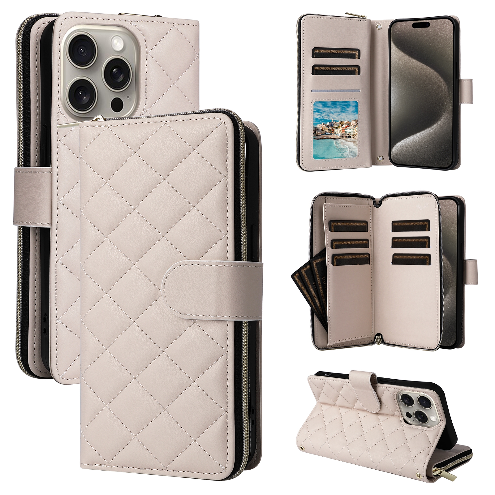 For iPhone 15 Pro Max Crossbody Rhombic Zipper Tower Buckle Leather Phone Case with Lanyard(Beige) - Shopkiz.com