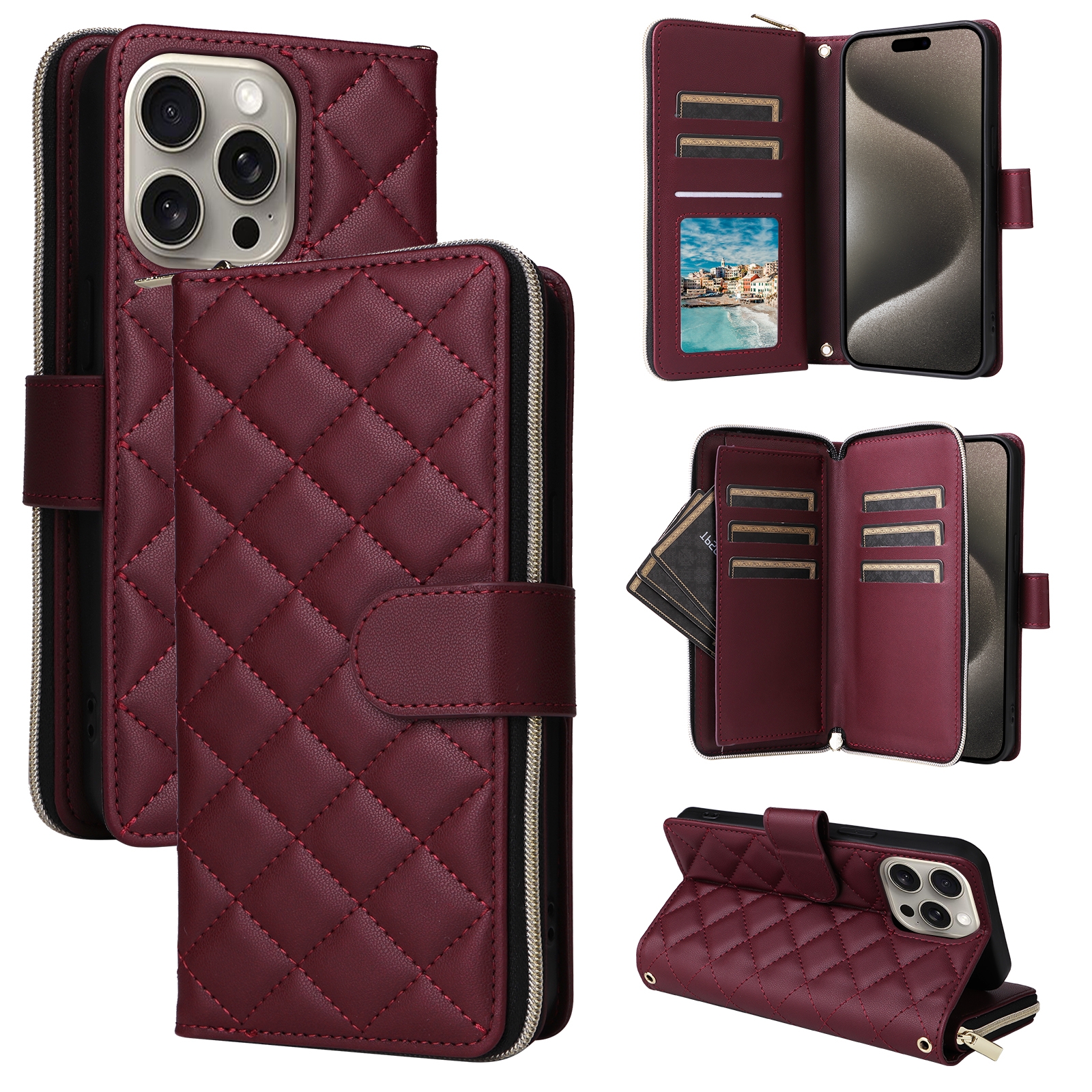 For iPhone 15 Pro Max Crossbody Rhombic Zipper Tower Buckle Leather Phone Case with Lanyard(Wine Red) - Shopkiz.com