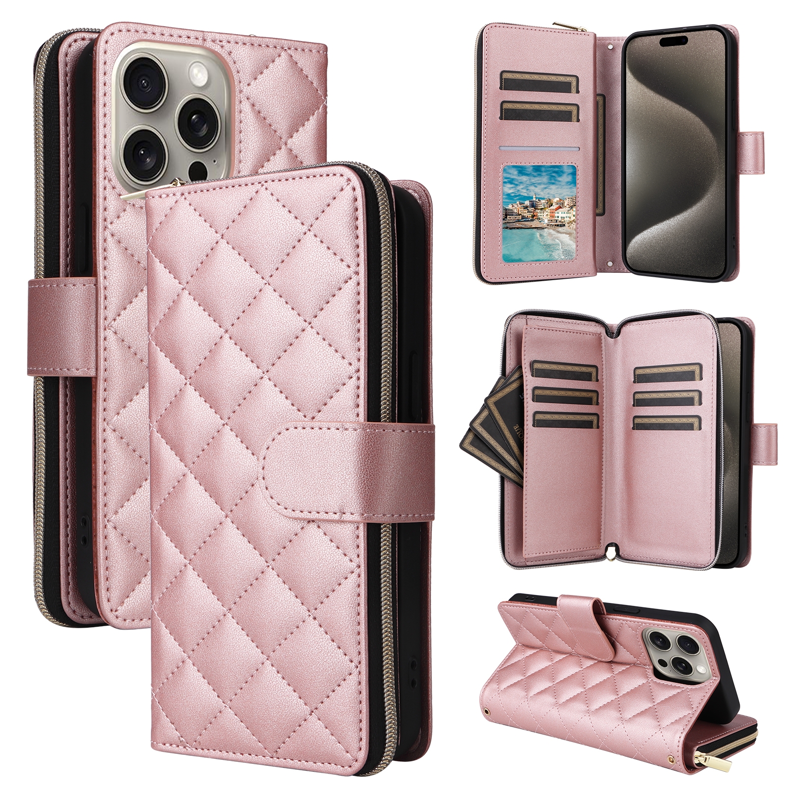 For iPhone 15 Pro Max Crossbody Rhombic Zipper Tower Buckle Leather Phone Case with Lanyard(Rose Gold) - Shopkiz.com