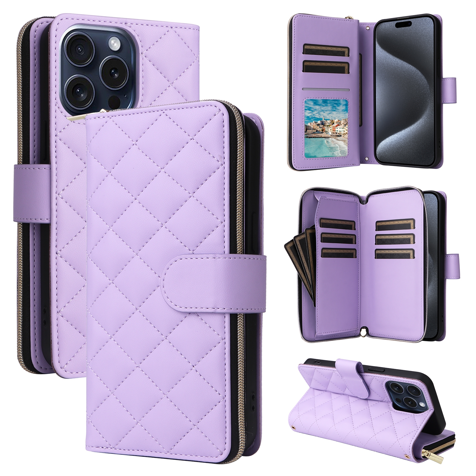 For iPhone 15 Pro Crossbody Rhombic Zipper Tower Buckle Leather Phone Case with Lanyard(Purple) - Shopkiz.com