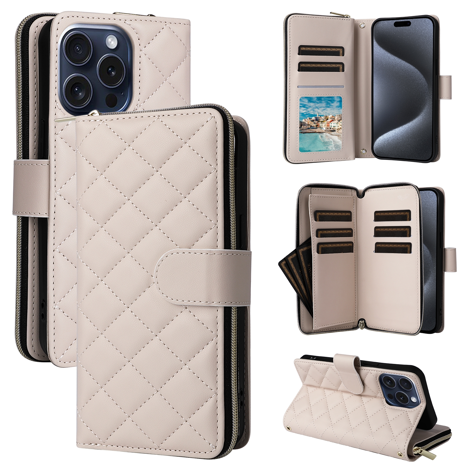For iPhone 15 Pro Crossbody Rhombic Zipper Tower Buckle Leather Phone Case with Lanyard(Beige) - Shopkiz.com