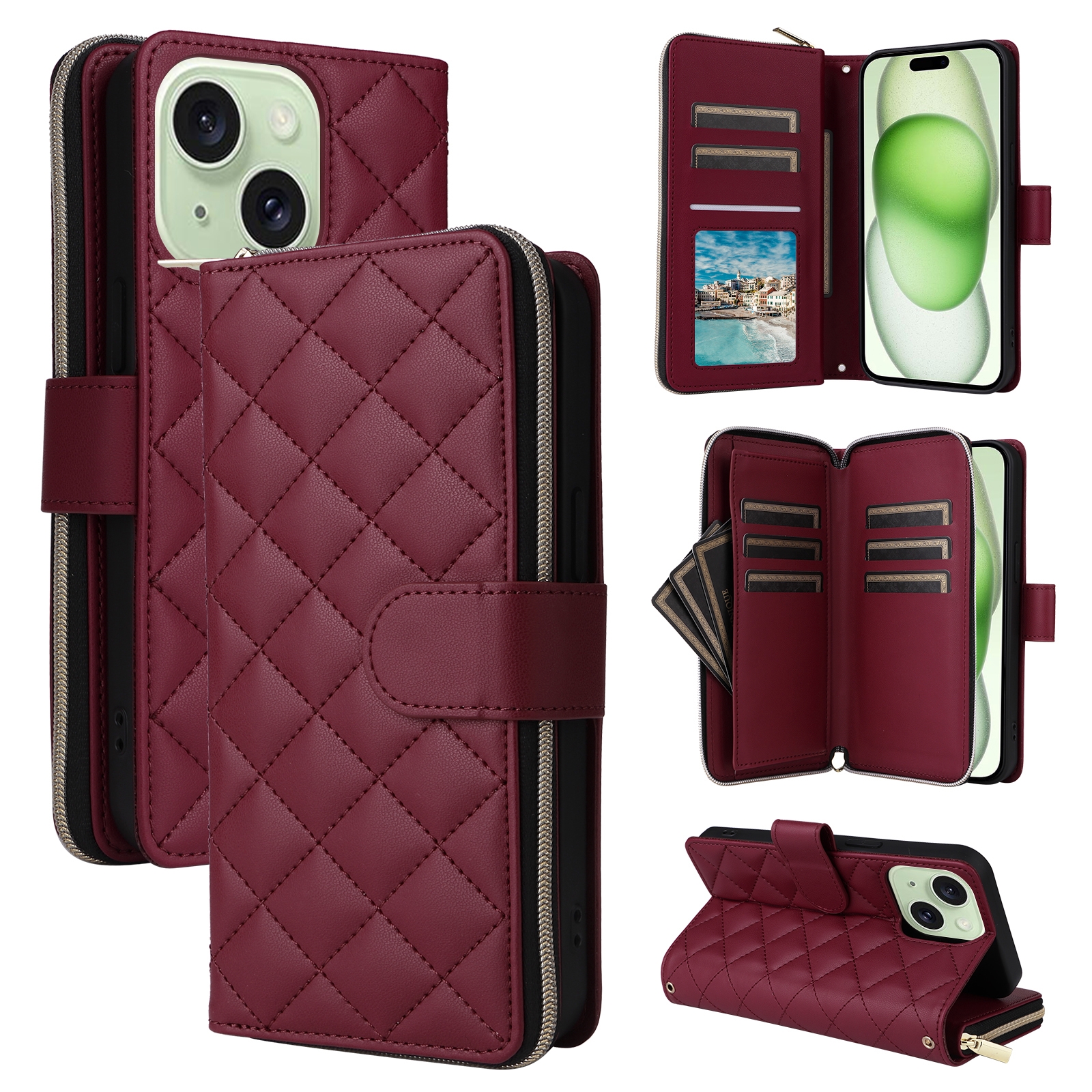 For iPhone 15 Plus / 14 Plus Crossbody Rhombic Zipper Tower Buckle Leather Phone Case with Lanyard(Wine Red) - Shopkiz.com