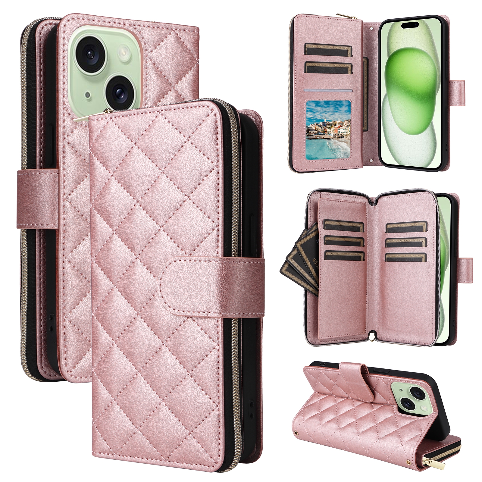 For iPhone 15 Plus / 14 Plus Crossbody Rhombic Zipper Tower Buckle Leather Phone Case with Lanyard(Rose Gold) - Shopkiz.com