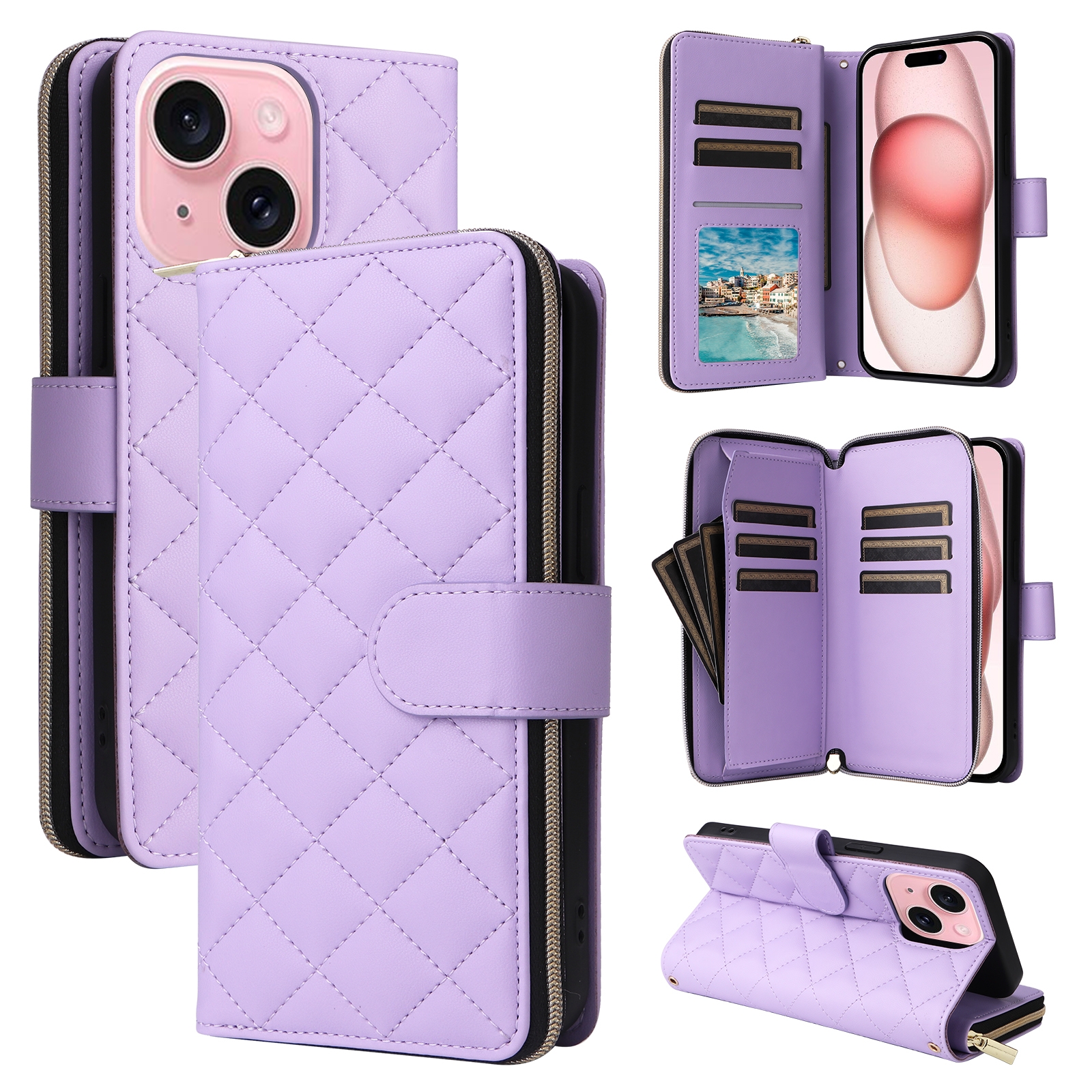 For iPhone 15 Crossbody Rhombic Zipper Tower Buckle Leather Phone Case with Lanyard(Purple) - Shopkiz.com
