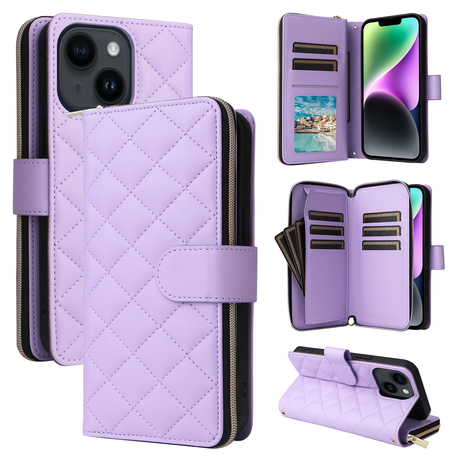 For iPhone 14 / 13 Crossbody Rhombic Zipper Tower Buckle Leather Phone Case with Lanyard(Purple) - Shopkiz.com