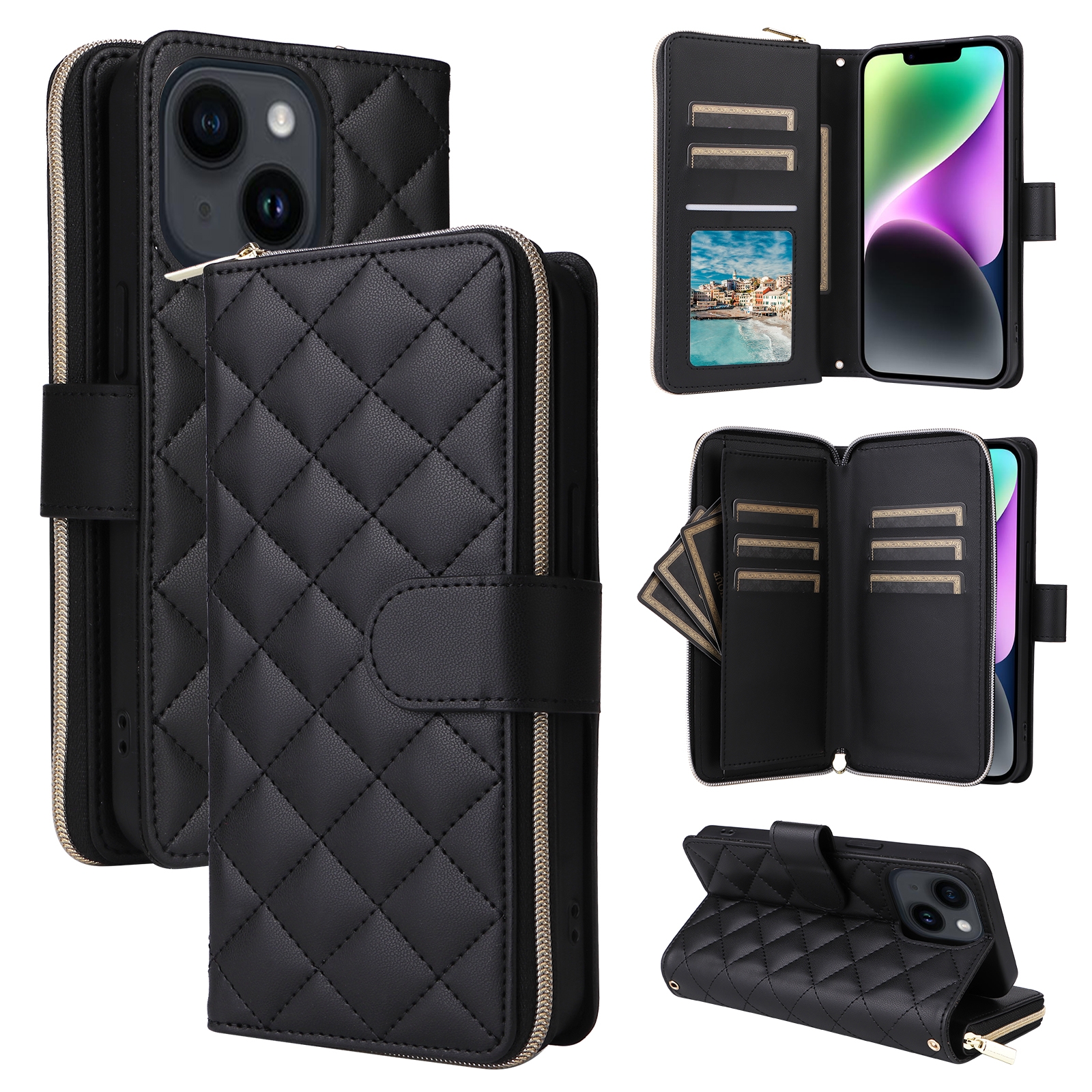 For iPhone 14 / 13 Crossbody Rhombic Zipper Tower Buckle Leather Phone Case with Lanyard(Black) - Shopkiz.com