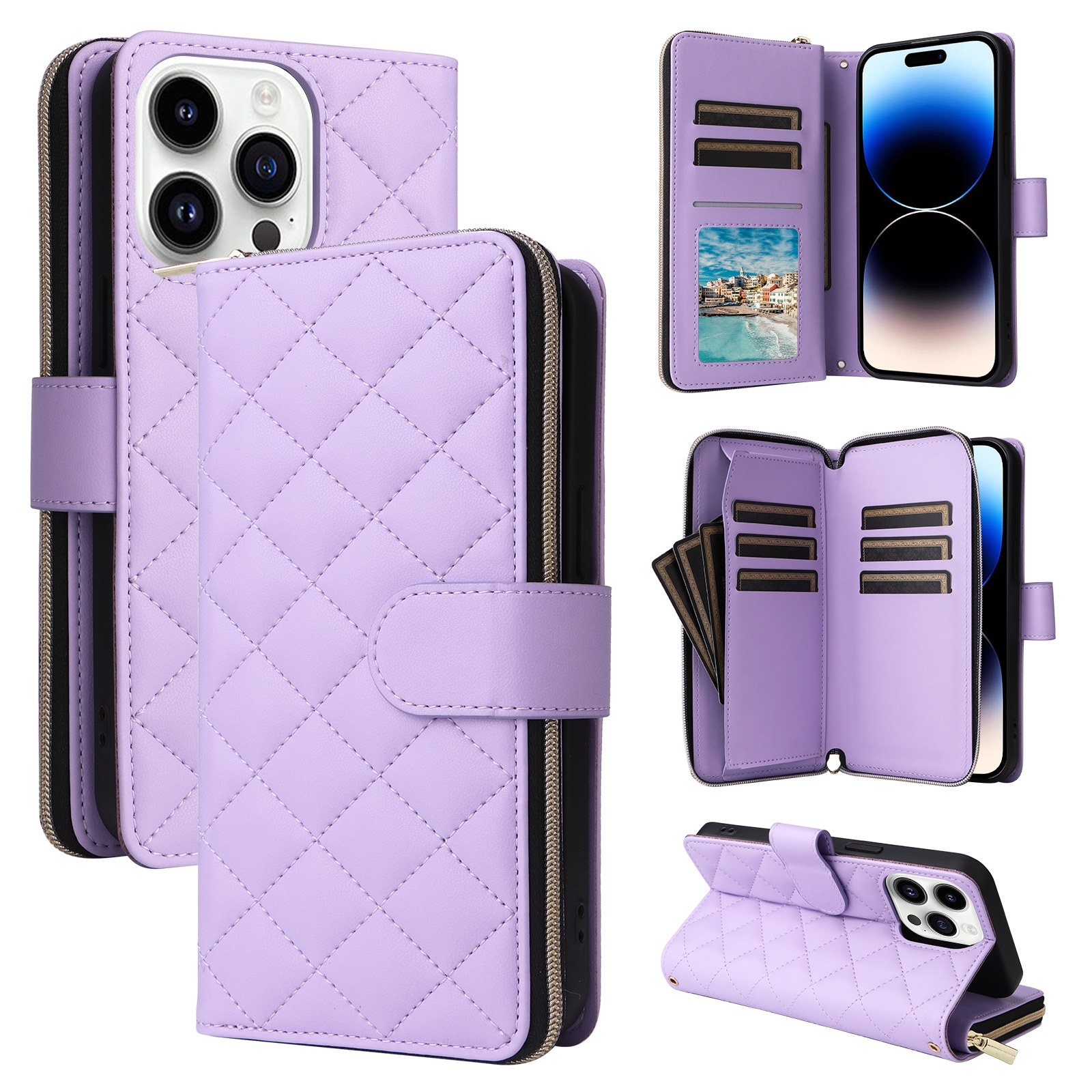For iPhone 14 Pro Crossbody Rhombic Zipper Tower Buckle Leather Phone Case with Lanyard(Purple) - Shopkiz.com