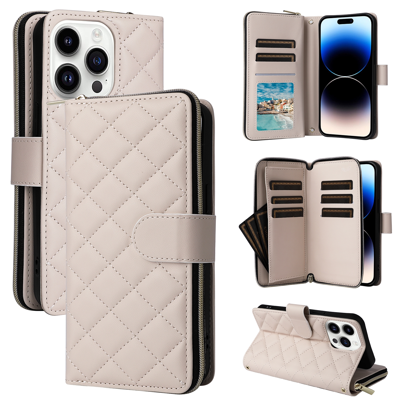 For iPhone 14 Pro Crossbody Rhombic Zipper Tower Buckle Leather Phone Case with Lanyard(Beige) - Shopkiz.com