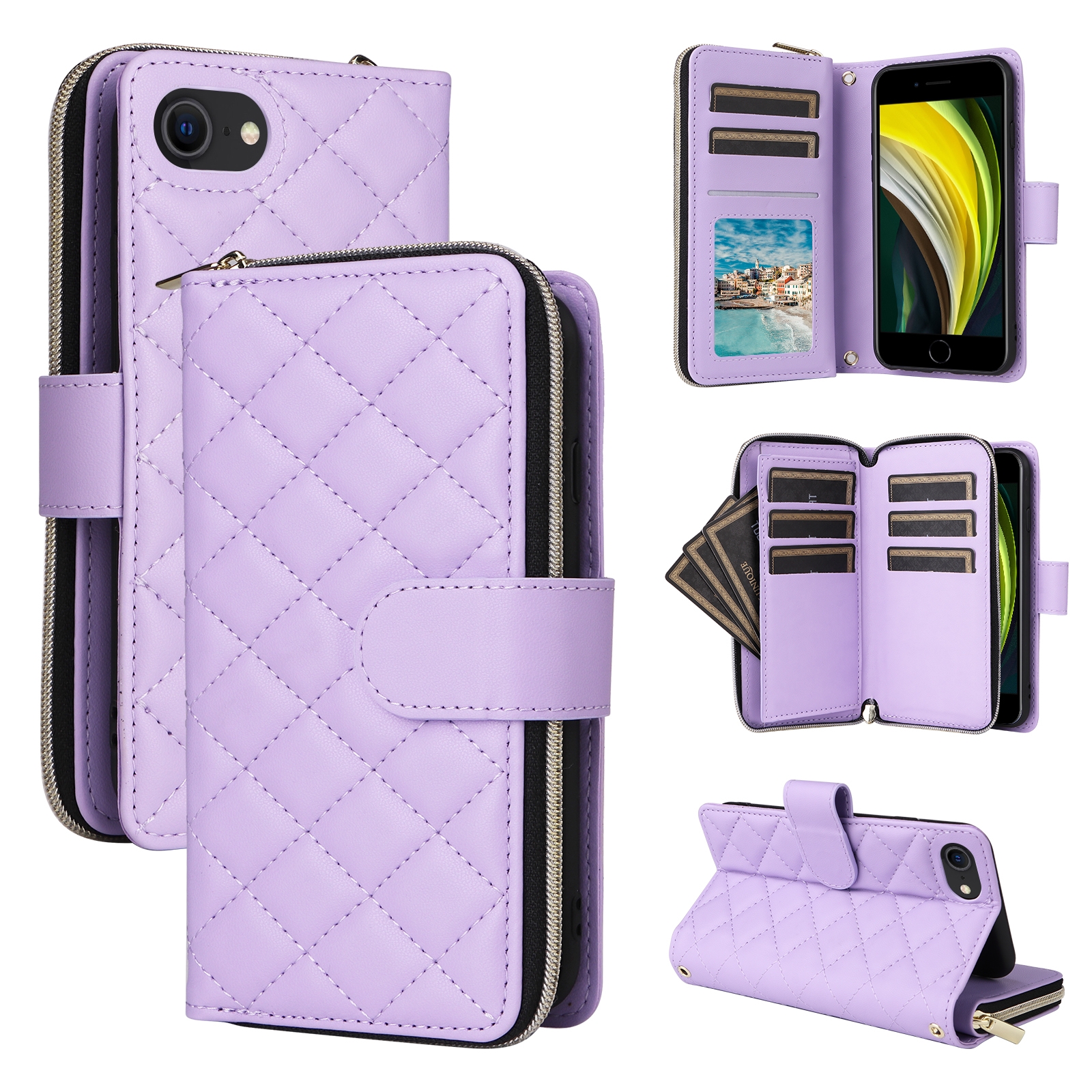 For iPhone SE 2022 / 2020 / 8 / 7 Crossbody Rhombic Zipper Tower Buckle Leather Phone Case with Lanyard(Purple) - Shopkiz.com