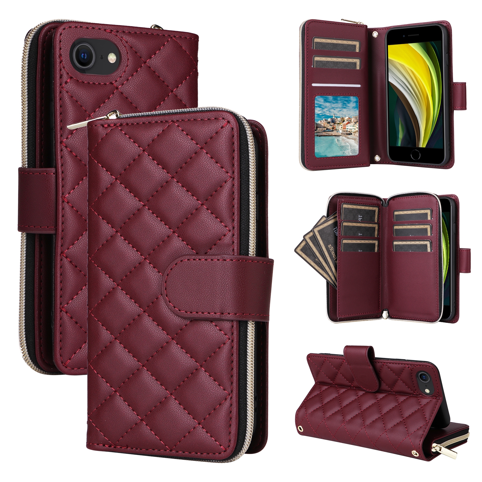 For iPhone SE 2022 / 2020 / 8 / 7 Crossbody Rhombic Zipper Tower Buckle Leather Phone Case with Lanyard(Wine Red) - Shopkiz.com