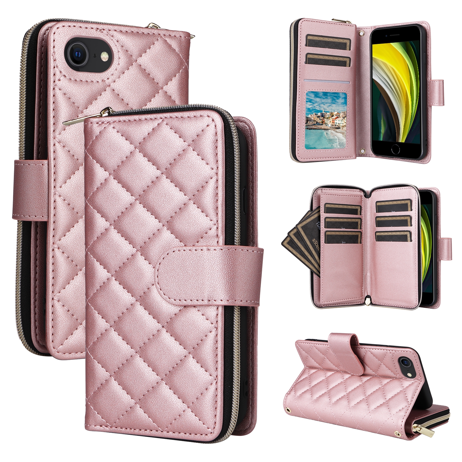 For iPhone SE 2022 / 2020 / 8 / 7 Crossbody Rhombic Zipper Tower Buckle Leather Phone Case with Lanyard(Rose Gold) - Shopkiz.com