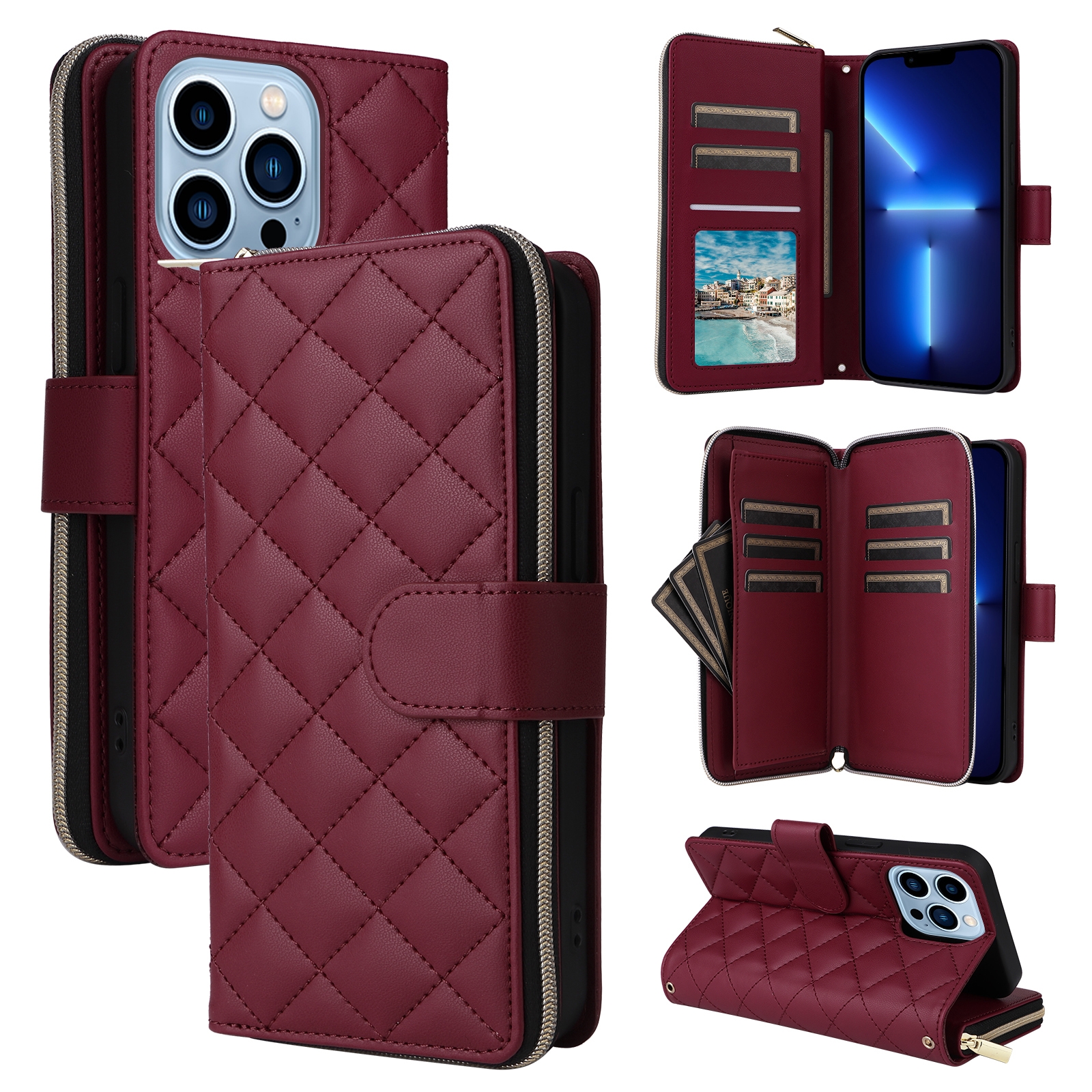 For iPhone 13 Pro Max Crossbody Rhombic Zipper Tower Buckle Leather Phone Case with Lanyard(Wine Red) - Shopkiz.com