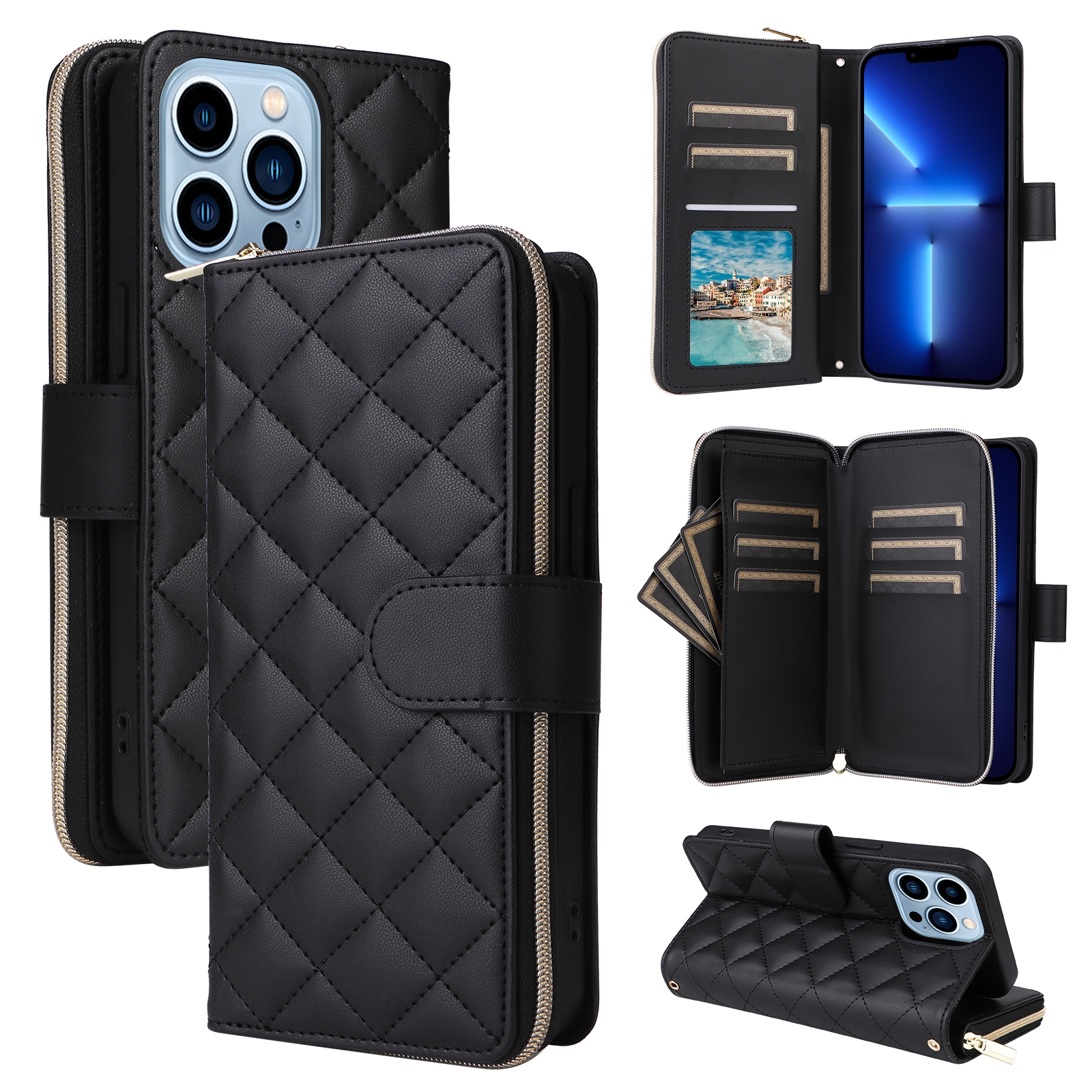 For iPhone 13 Pro Max Crossbody Rhombic Zipper Tower Buckle Leather Phone Case with Lanyard(Black) - Shopkiz.com