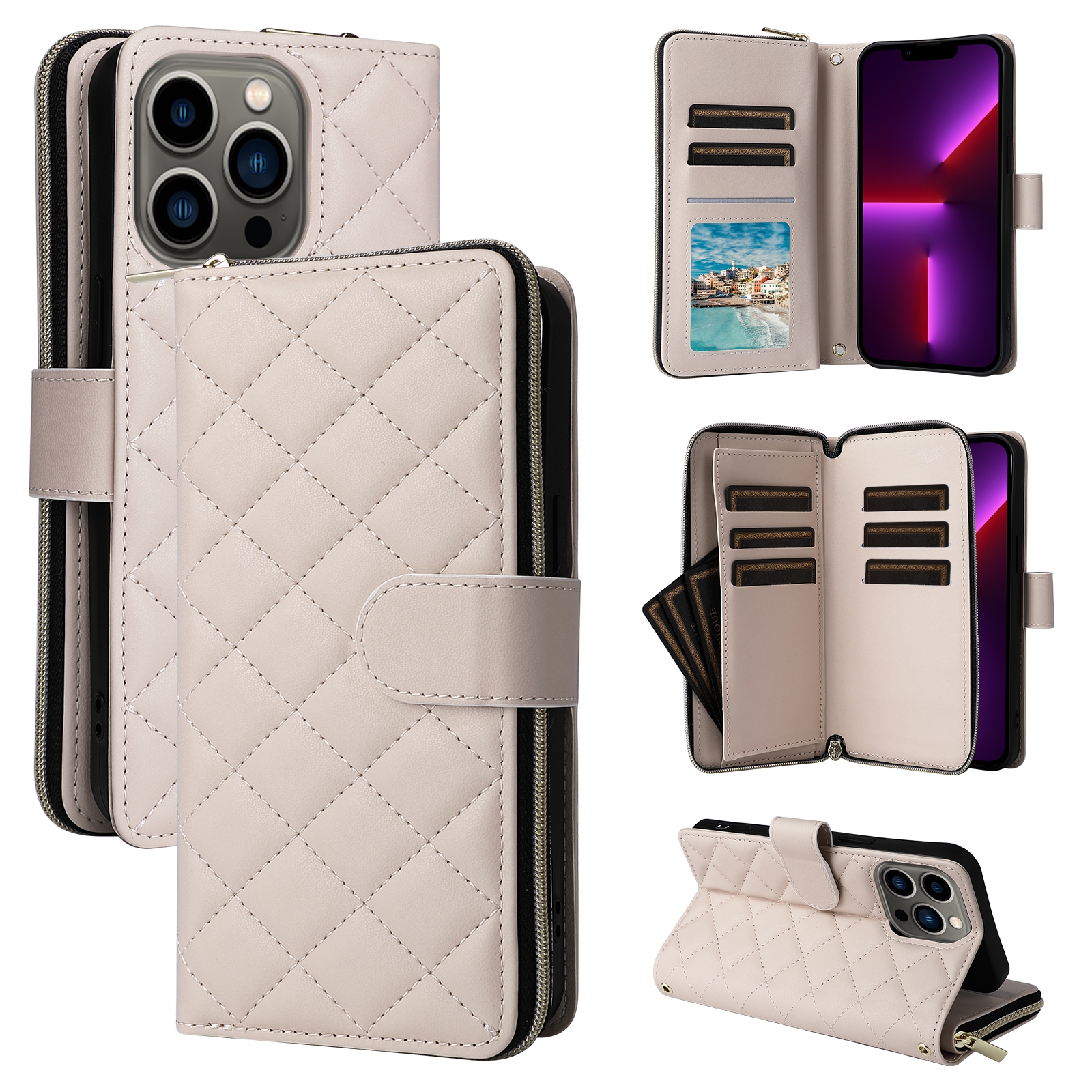 For iPhone 13 Pro Crossbody Rhombic Zipper Tower Buckle Leather Phone Case with Lanyard(Beige) - Shopkiz.com