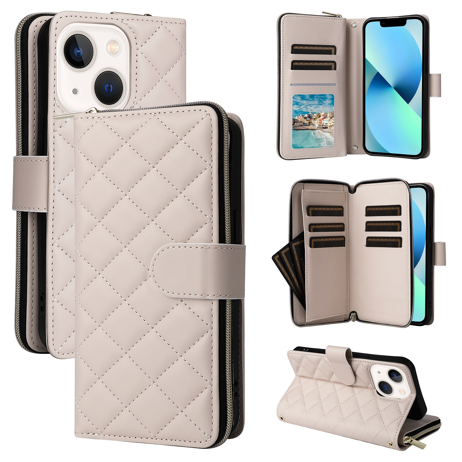 For iPhone 13 mini Crossbody Rhombic Zipper Tower Buckle Leather Phone Case with Lanyard(Beige) - Shopkiz.com