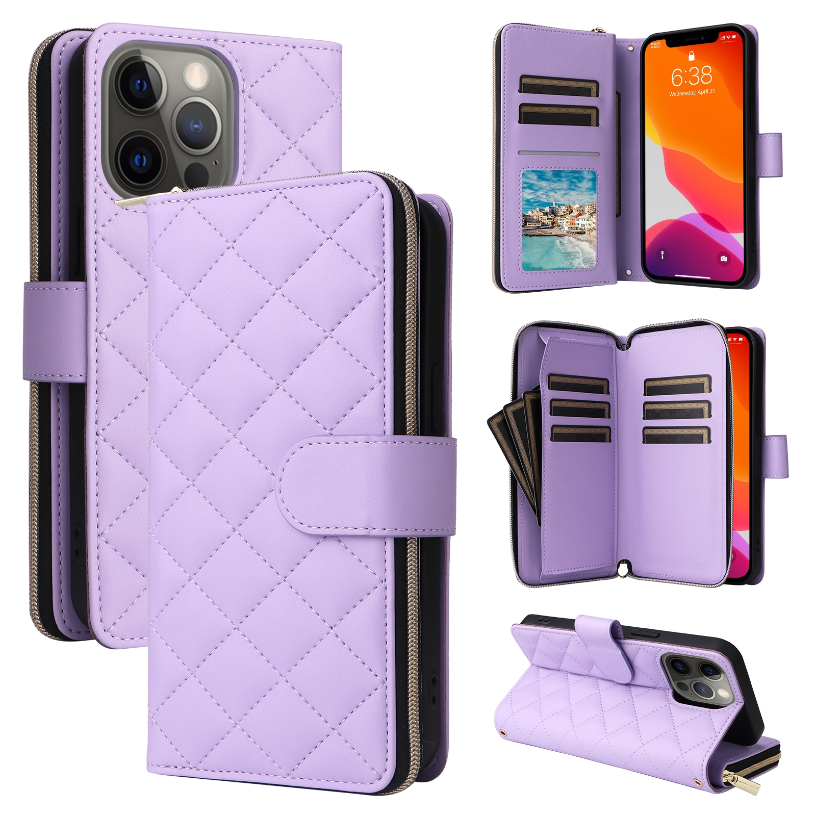 For iPhone 12 / 12 Pro Crossbody Rhombic Zipper Tower Buckle Leather Phone Case with Lanyard(Purple) - Shopkiz.com