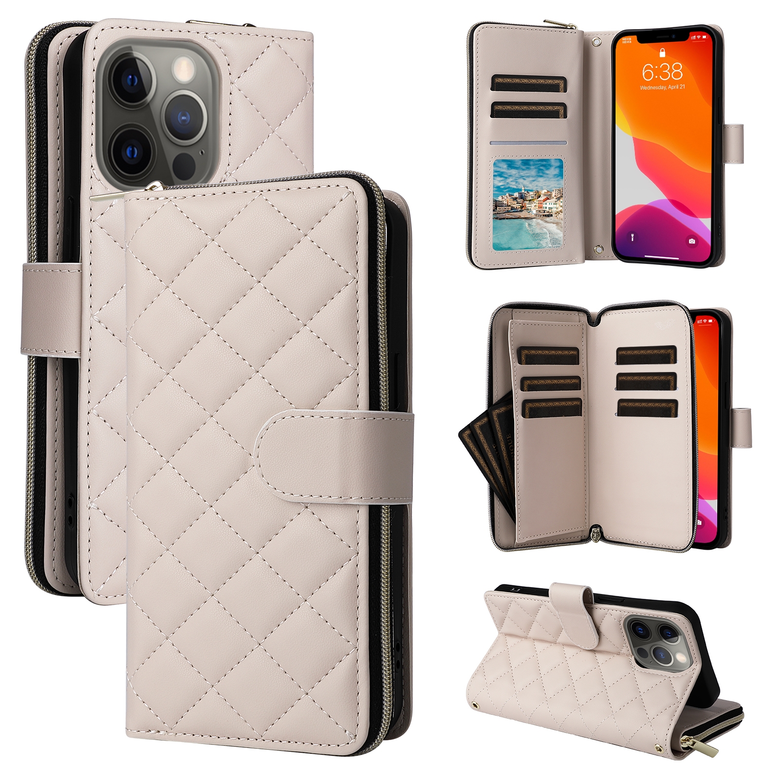 For iPhone 12 / 12 Pro Crossbody Rhombic Zipper Tower Buckle Leather Phone Case with Lanyard(Beige) - Shopkiz.com