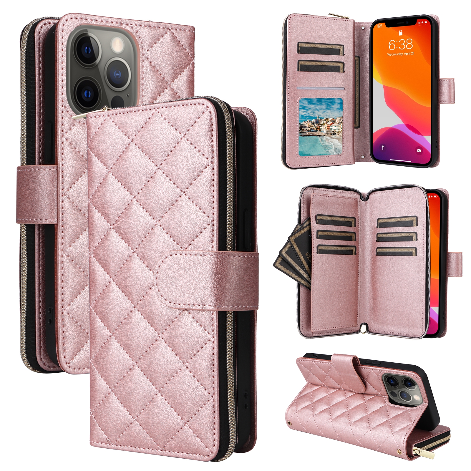 For iPhone 12 / 12 Pro Crossbody Rhombic Zipper Tower Buckle Leather Phone Case with Lanyard(Rose Gold) - Shopkiz.com
