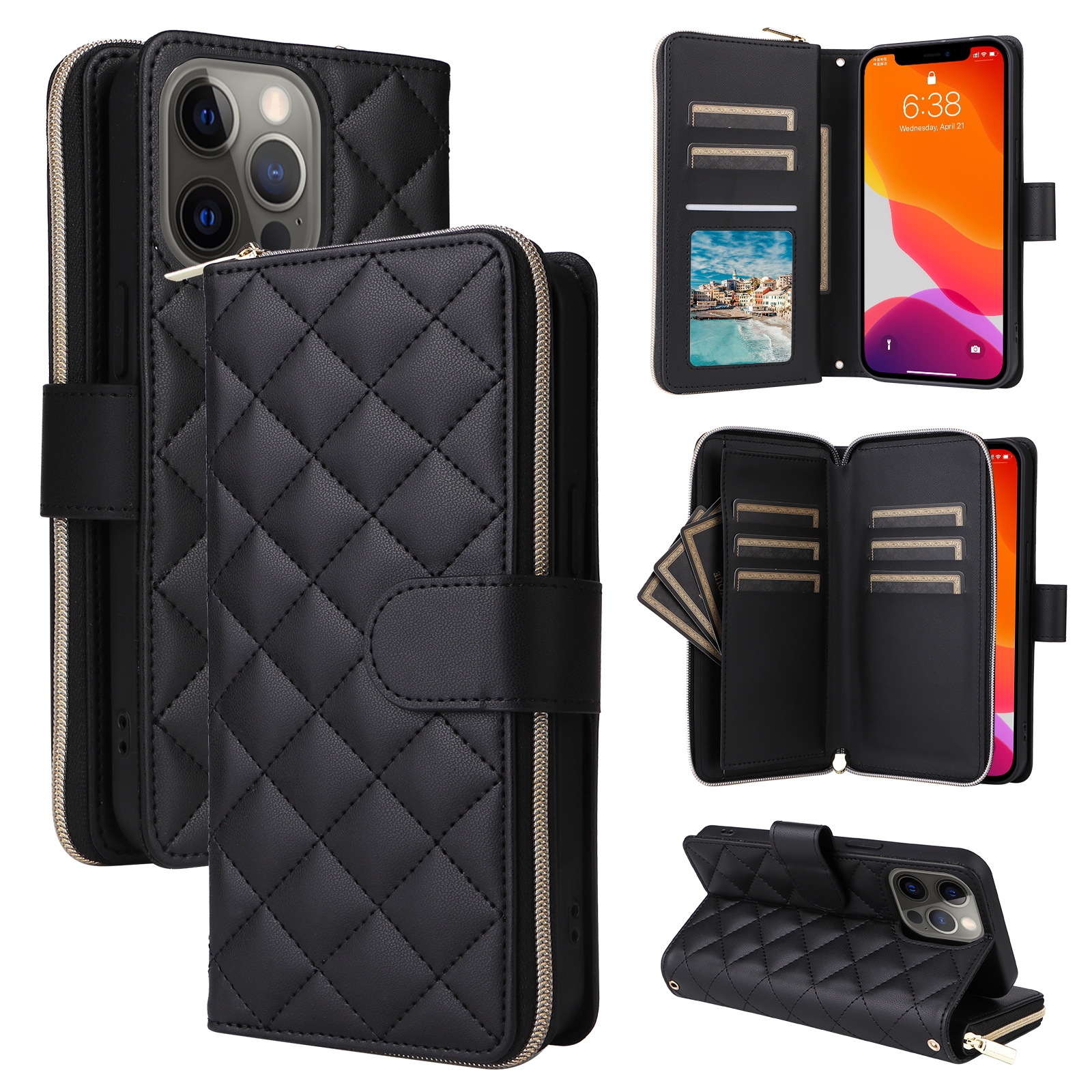 For iPhone 12 / 12 Pro Crossbody Rhombic Zipper Tower Buckle Leather Phone Case with Lanyard(Black) - Shopkiz.com