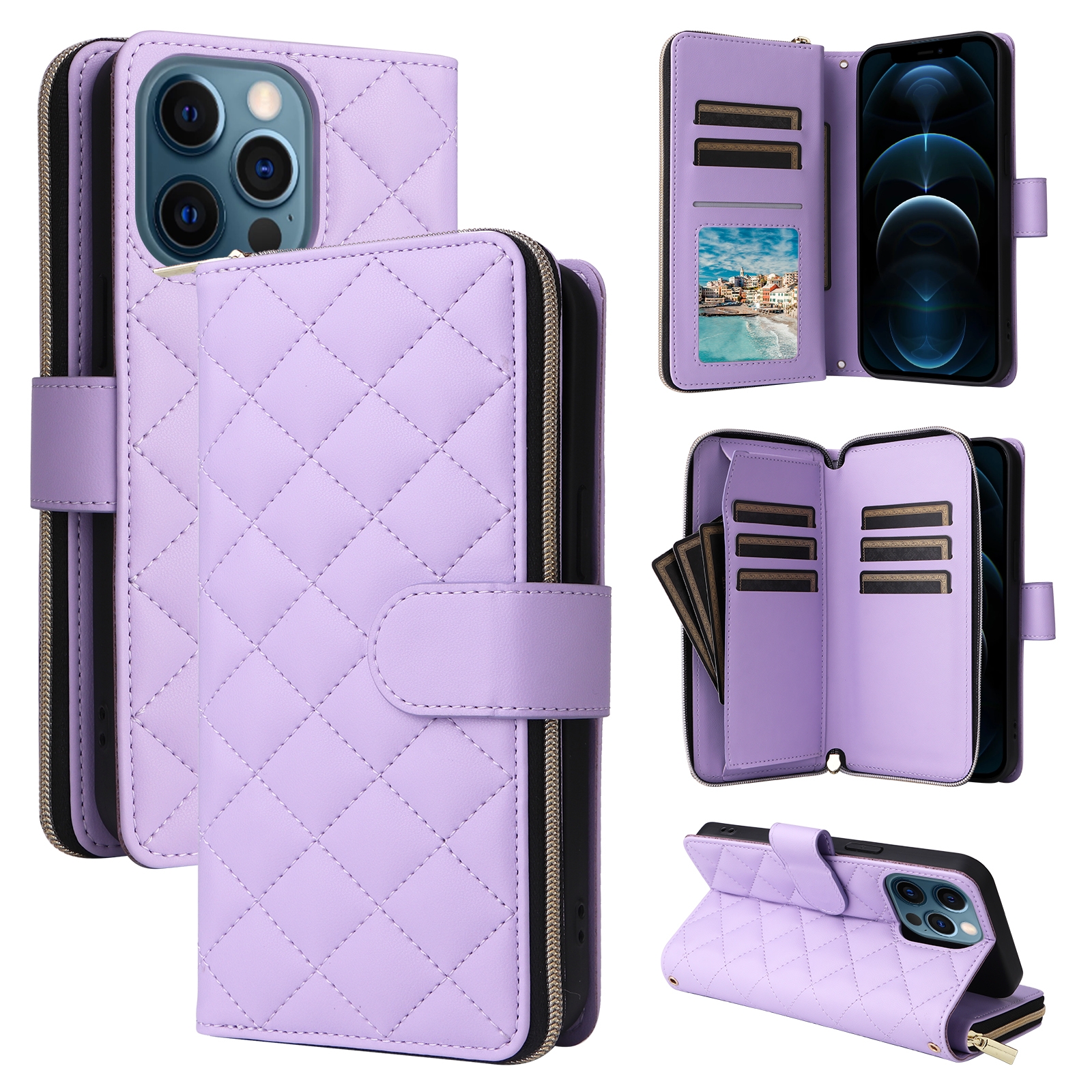 For iPhone 12 Pro Max Crossbody Rhombic Zipper Tower Buckle Leather Phone Case with Lanyard(Purple) - Shopkiz.com