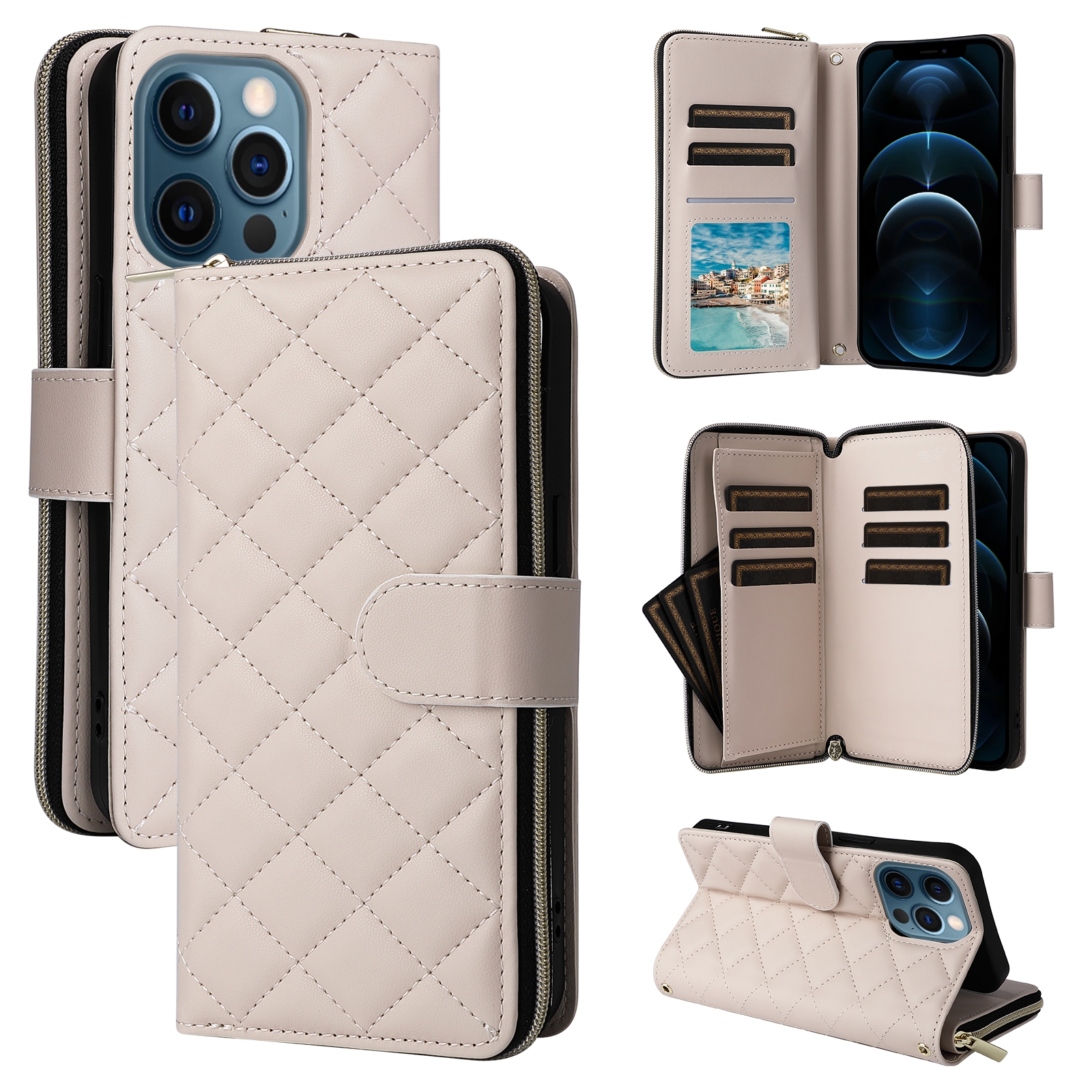 For iPhone 12 Pro Max Crossbody Rhombic Zipper Tower Buckle Leather Phone Case with Lanyard(Beige) - Shopkiz.com