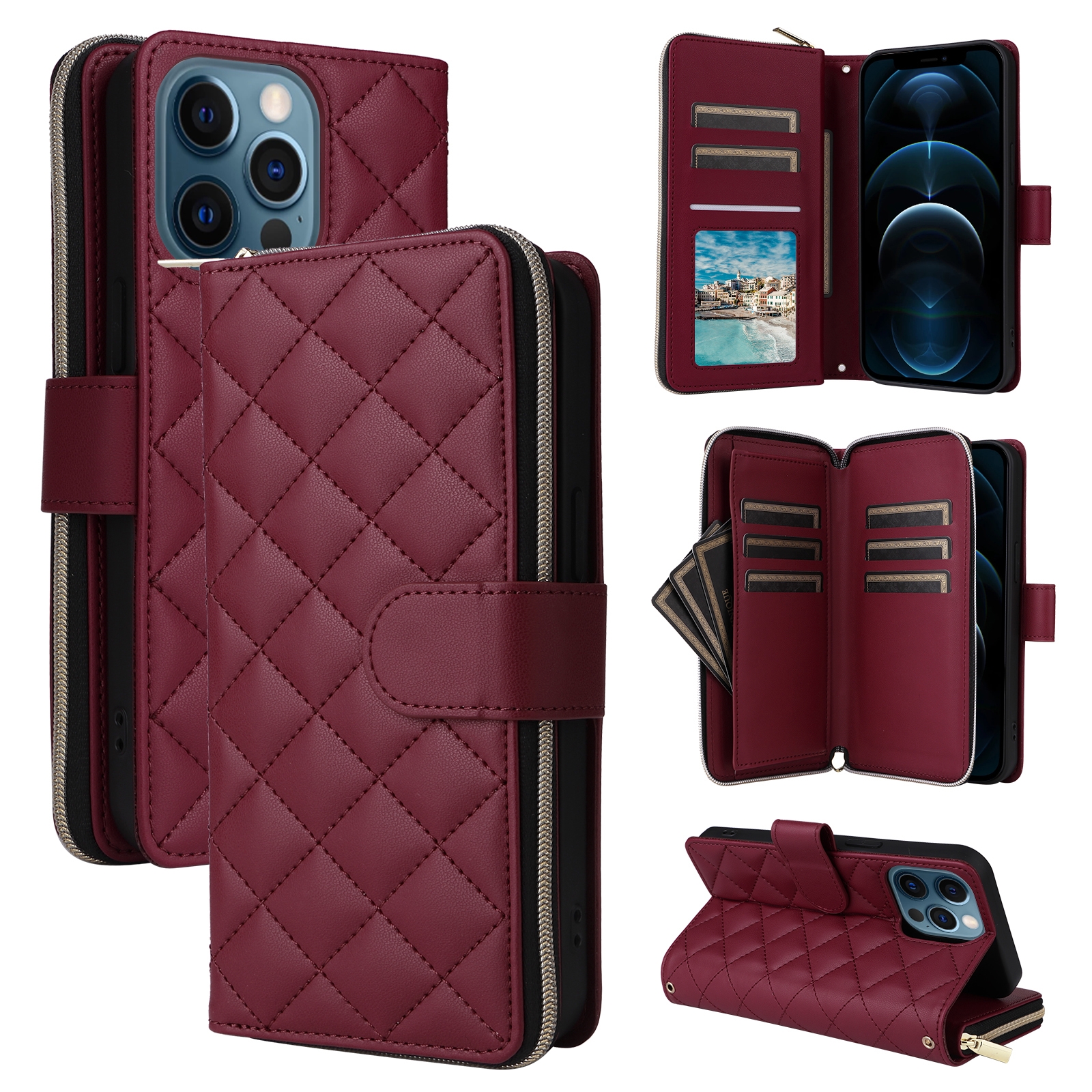 For iPhone 12 Pro Max Crossbody Rhombic Zipper Tower Buckle Leather Phone Case with Lanyard(Wine Red) - Shopkiz.com