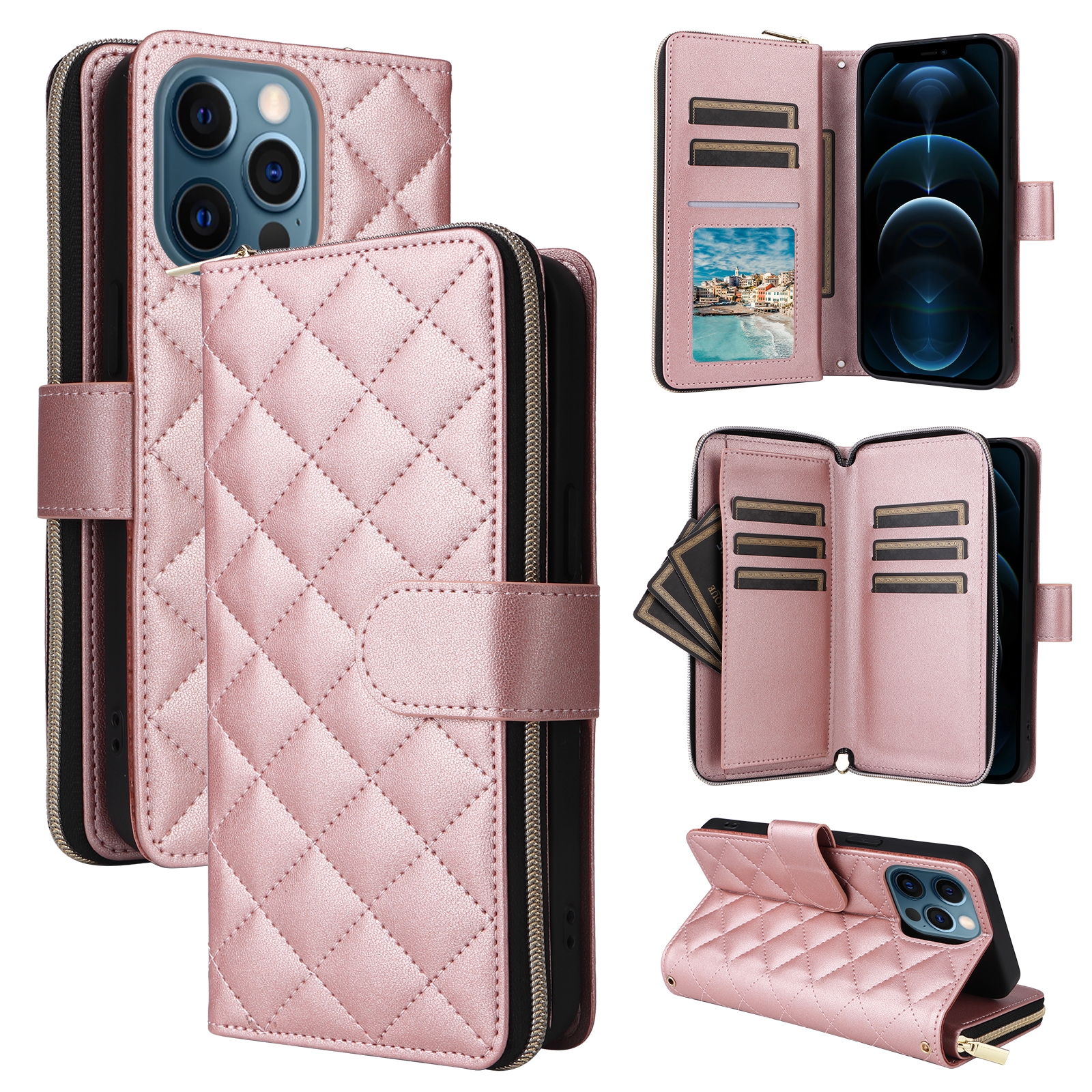 For iPhone 12 Pro Max Crossbody Rhombic Zipper Tower Buckle Leather Phone Case with Lanyard(Rose Gold) - Shopkiz.com