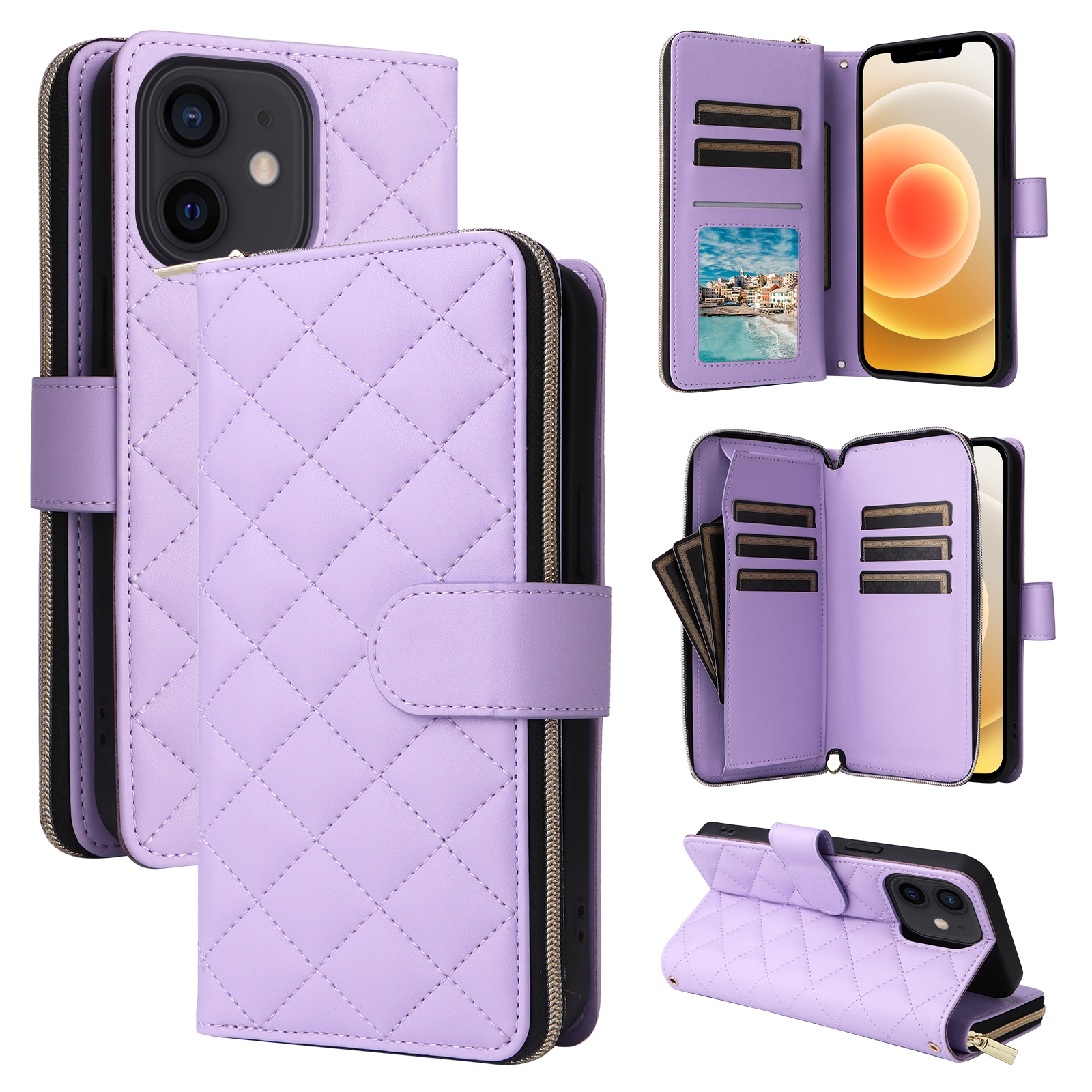 For iPhone 12 mini Crossbody Rhombic Zipper Tower Buckle Leather Phone Case with Lanyard(Purple) - Shopkiz.com