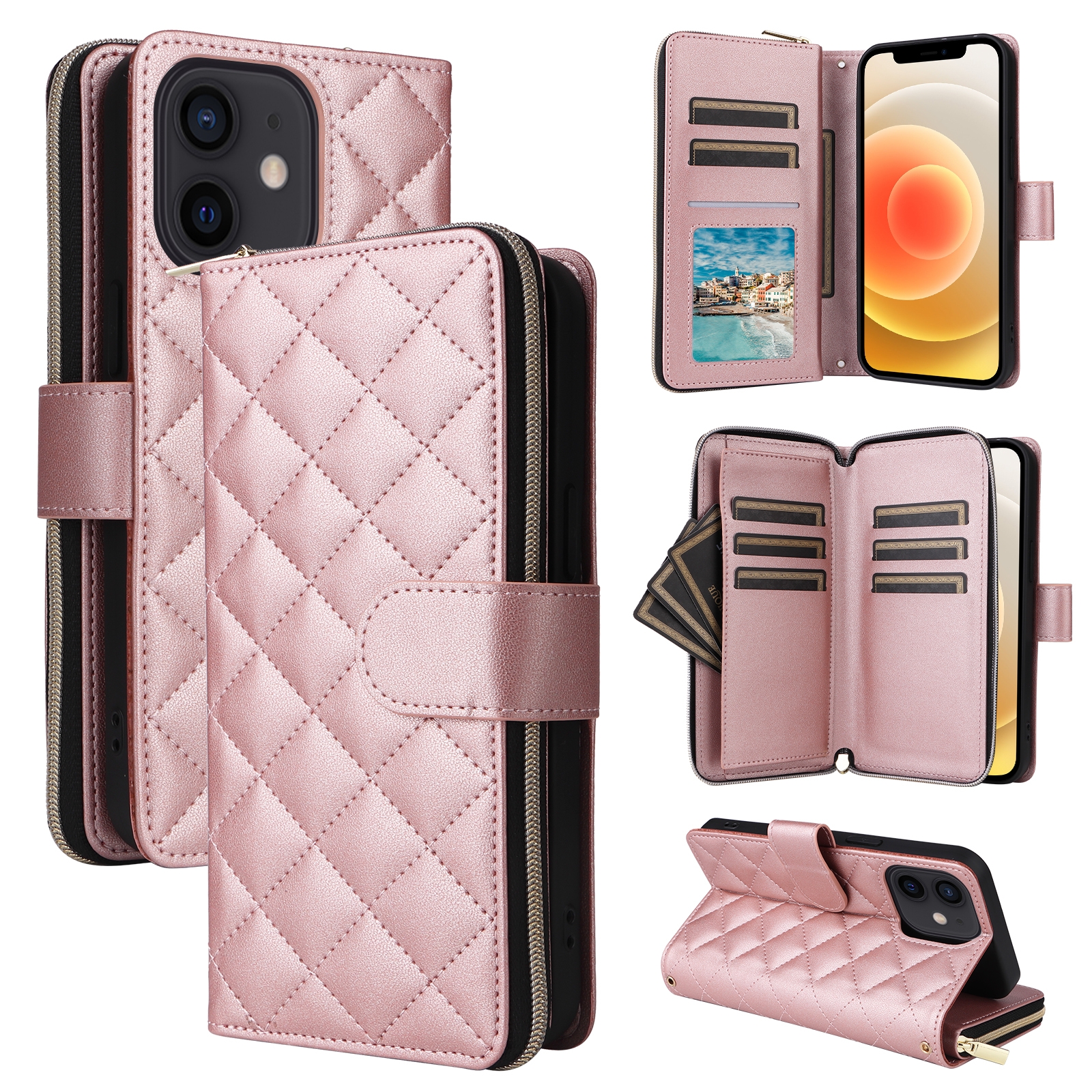 For iPhone 12 mini Crossbody Rhombic Zipper Tower Buckle Leather Phone Case with Lanyard(Rose Gold) - Shopkiz.com