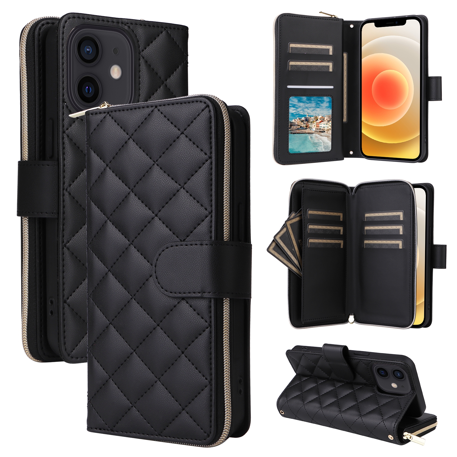 For iPhone 12 mini Crossbody Rhombic Zipper Tower Buckle Leather Phone Case with Lanyard(Black) - Shopkiz.com